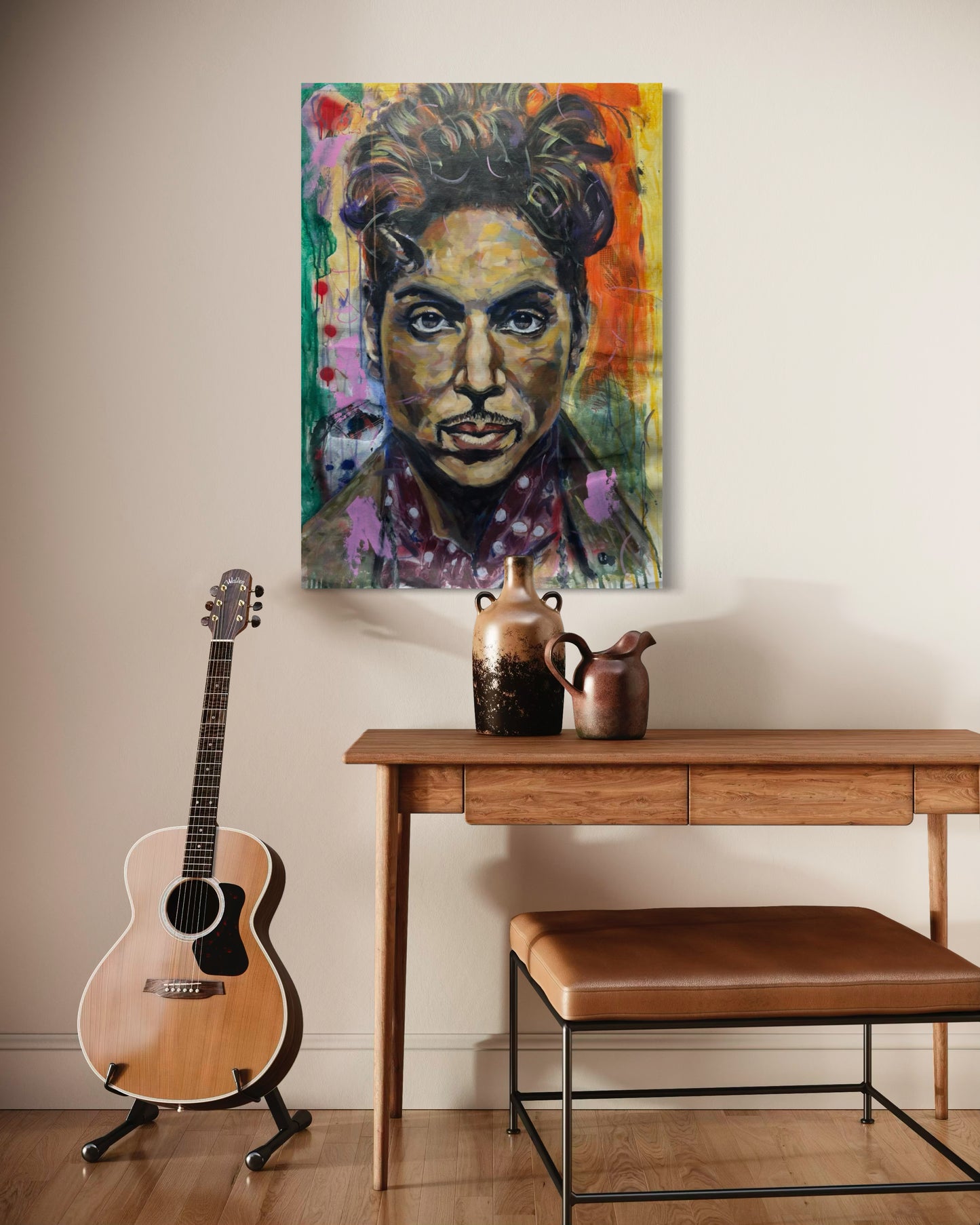 Prince Portrait Original Painting in hallway with dresser and classic guitar