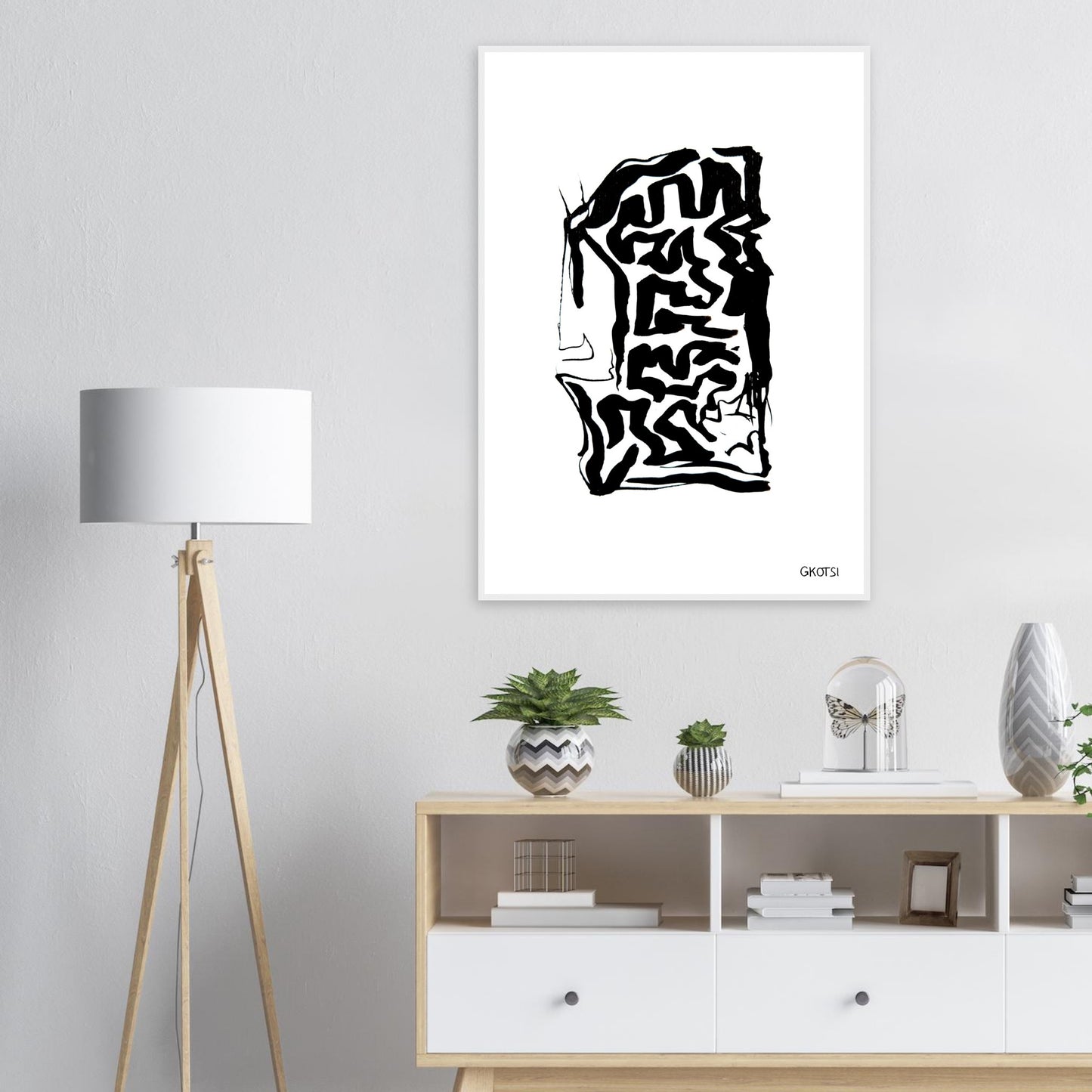 RANSFORMING poster print above dresser in room interior