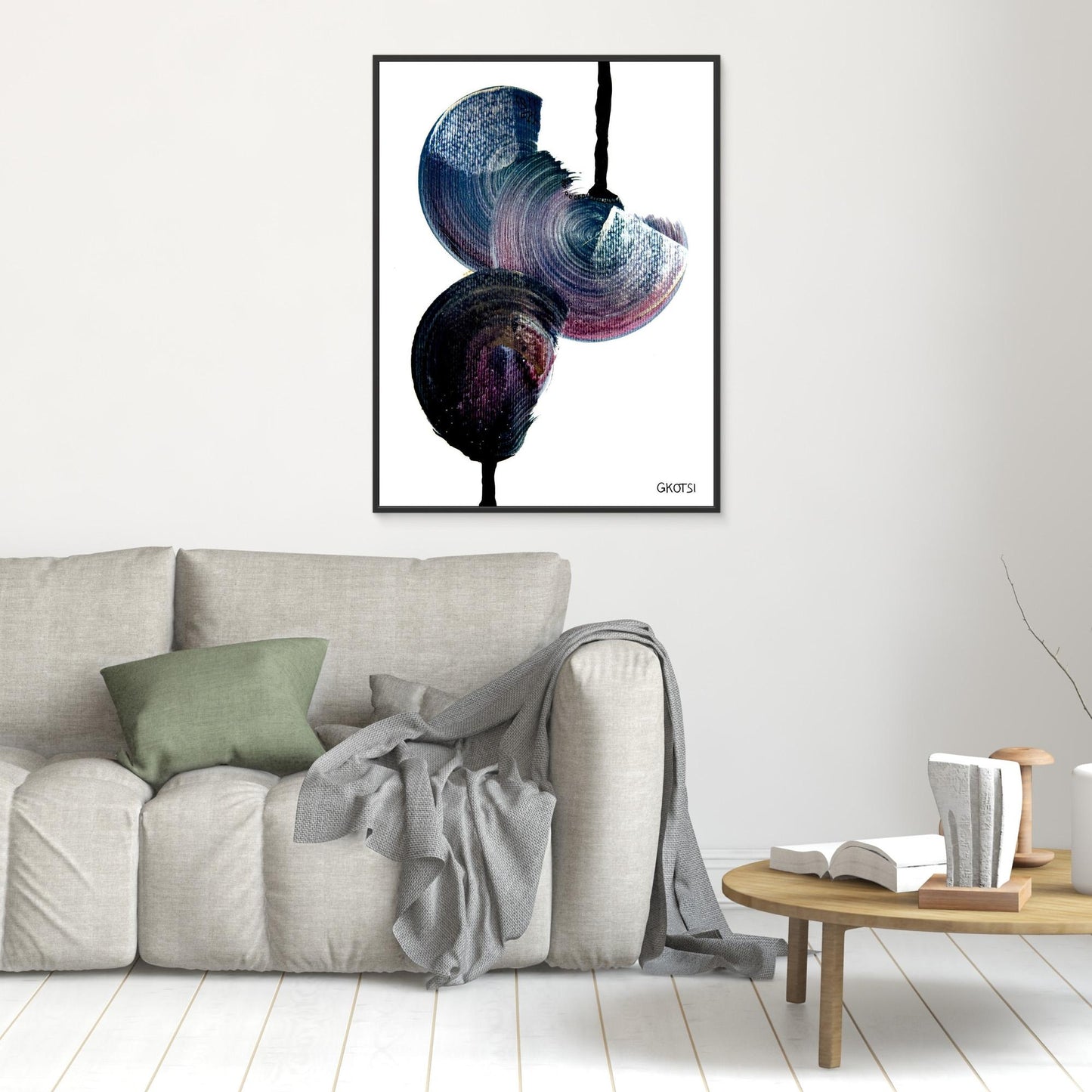 REGENTROPFEN abstract raindrops canvas as focal point above gray sofa