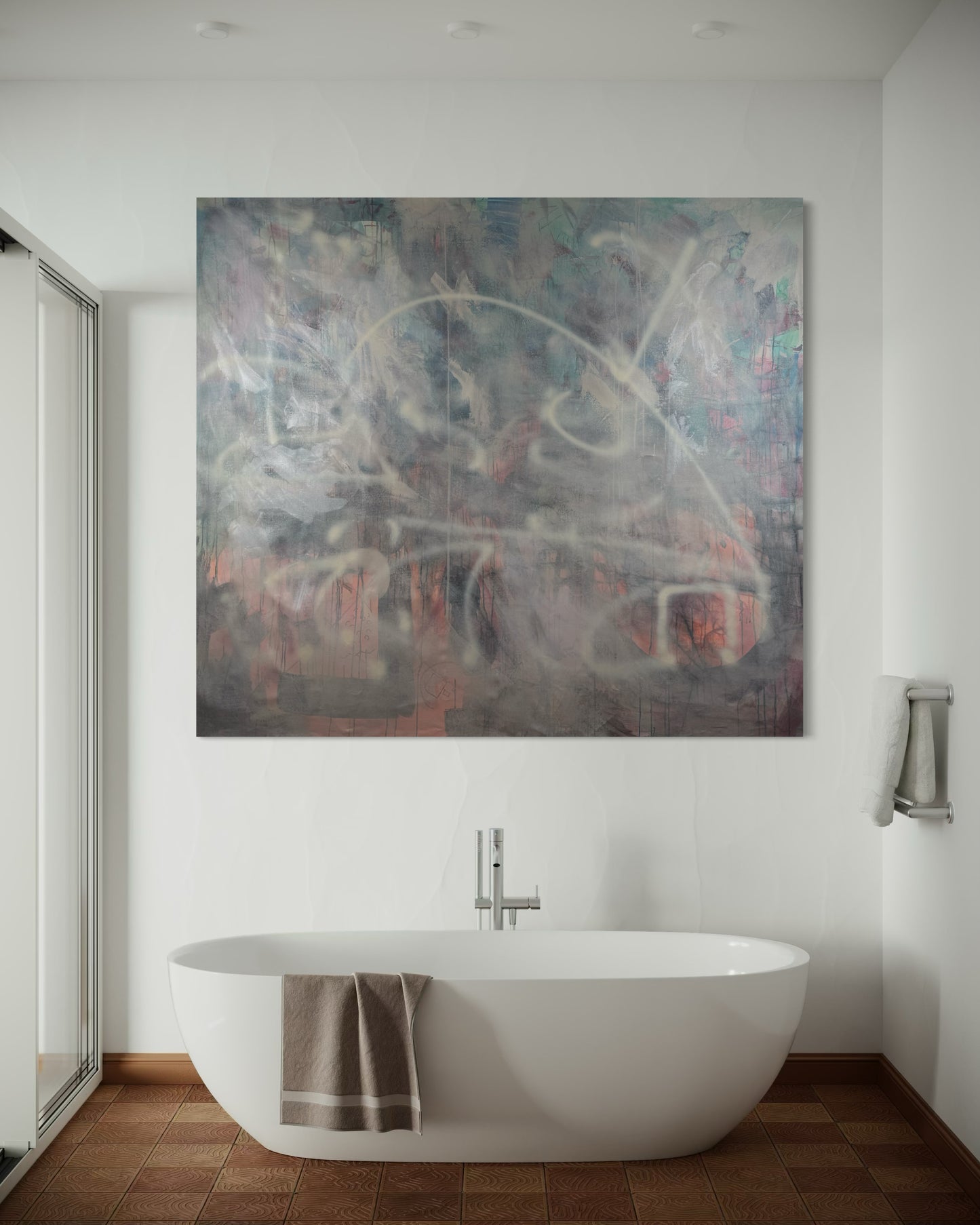 Relaxing Calming Abstract Original Painting in minimalist bathroom