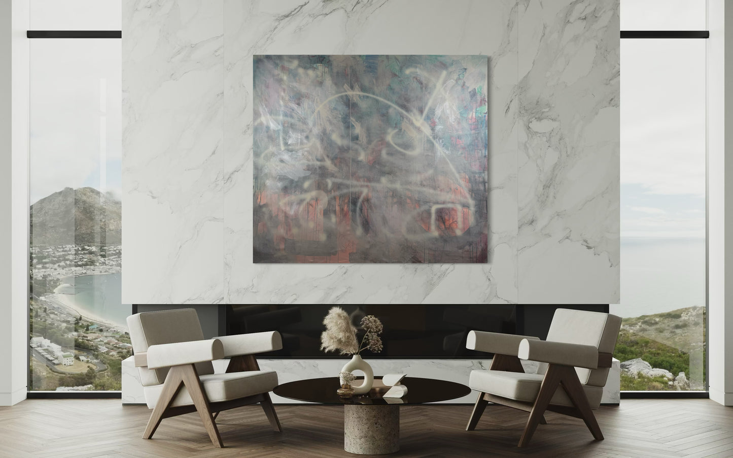 Relaxing Calming Abstract Original Painting in elegant room with view on beach