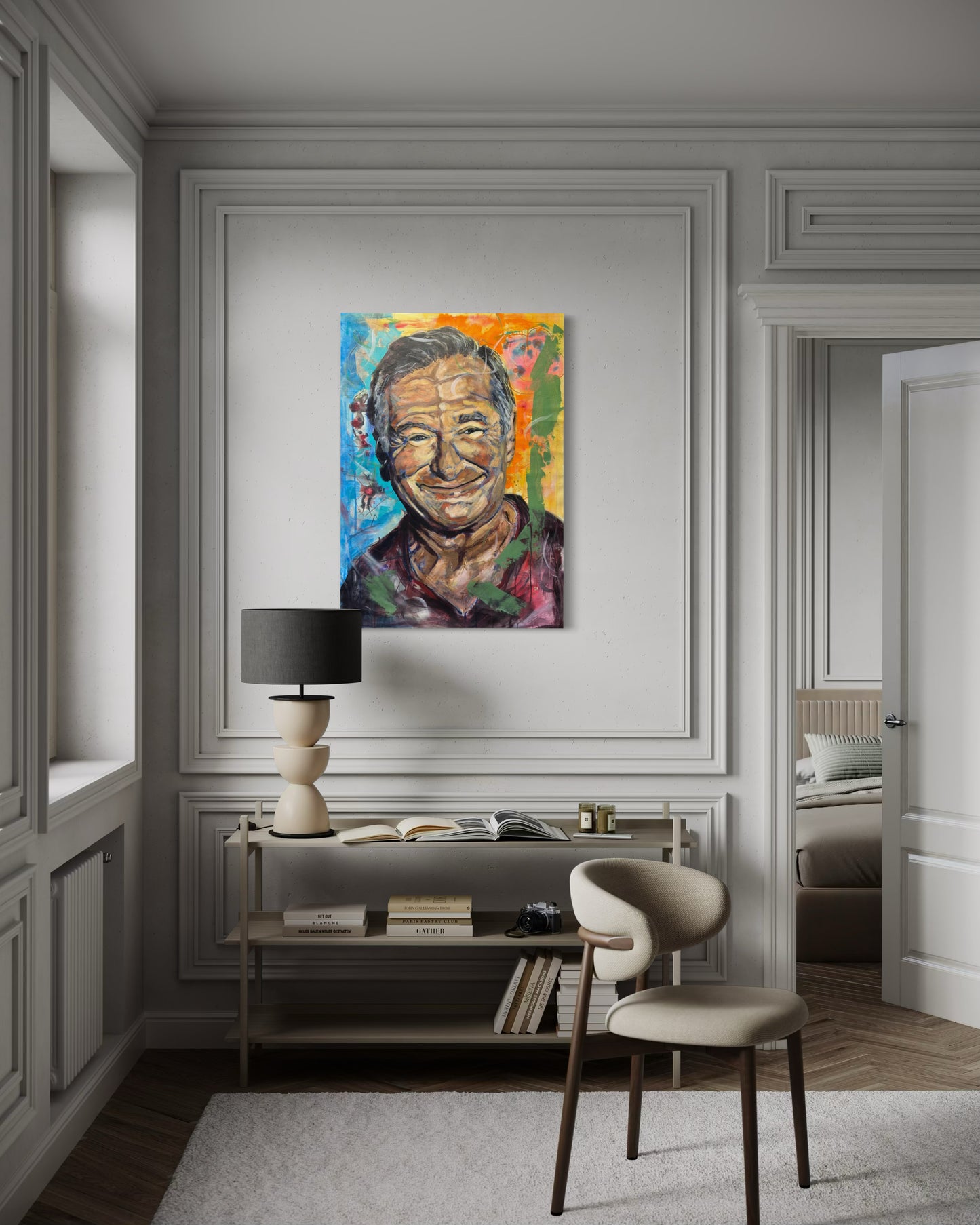 Robin Williams Portrait Original Painting above low bookshelf in room corner