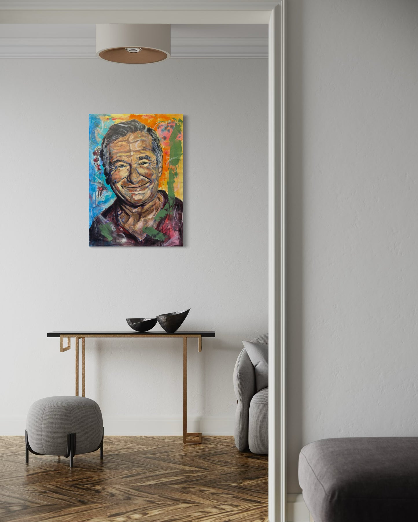Robin Williams Portrait Original Painting over stylish hallway table