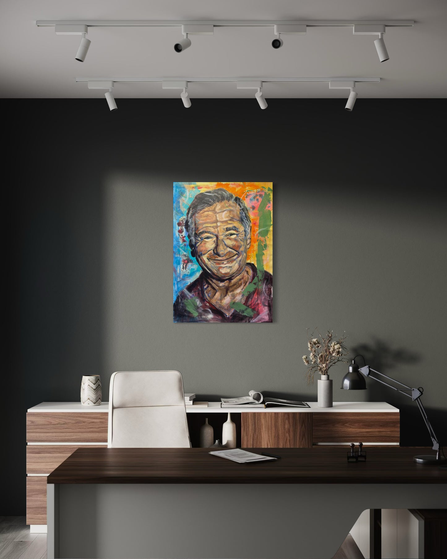 Robin Williams Portrait Original Painting in modern home office