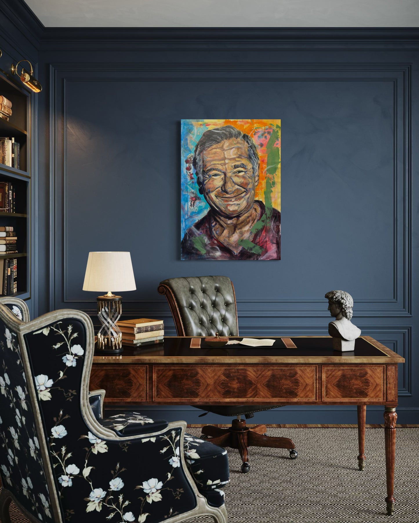 Robin Williams Portrait Original Painting in classic home office with dark blue wall