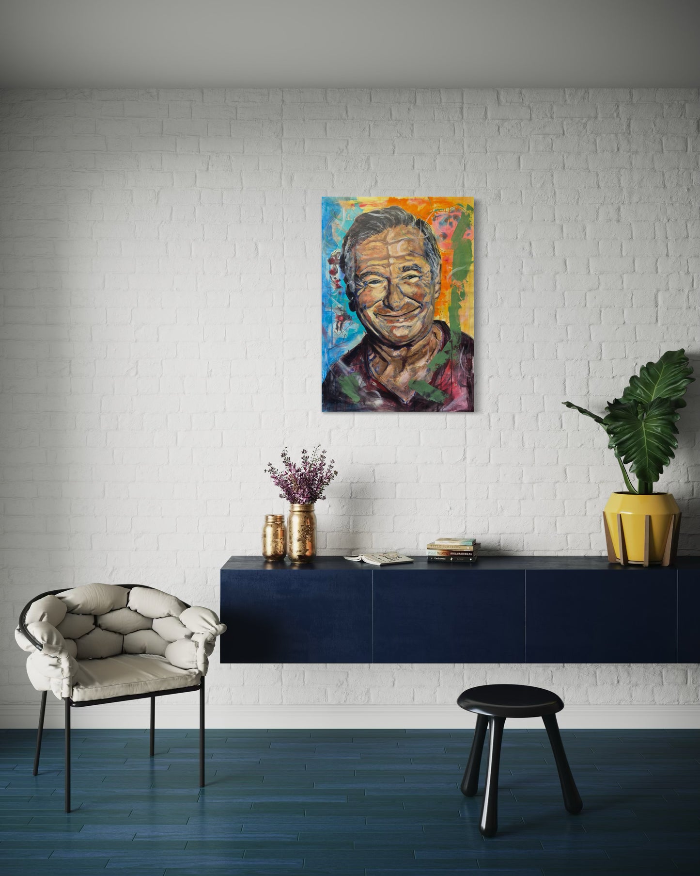 Robin Williams Portrait Original Painting over dark blue elegant dresser