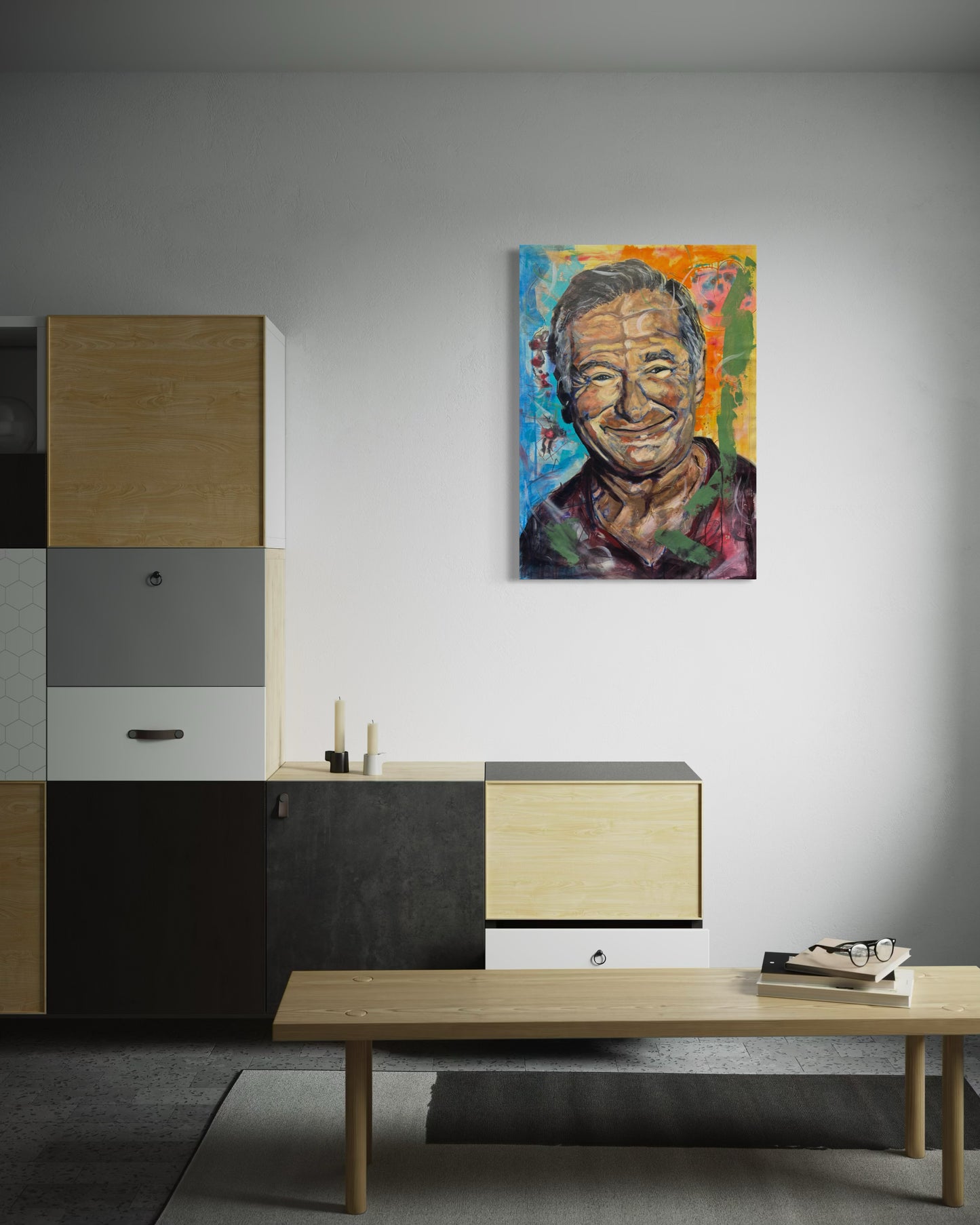 Robin Williams Portrait Original Painting with cabinet and bench