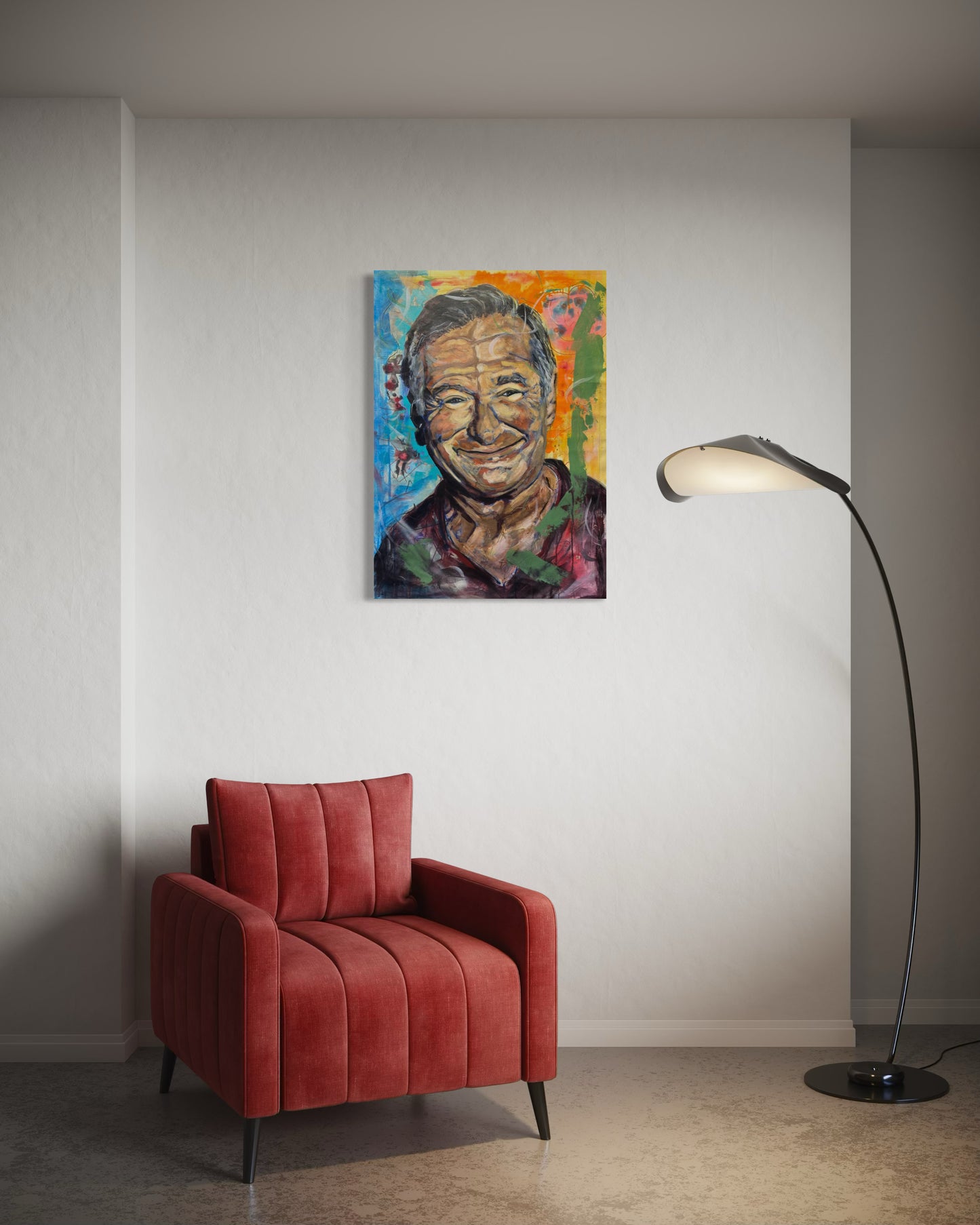 Robin Williams Portrait Original Painting over red sofa with floor lamp