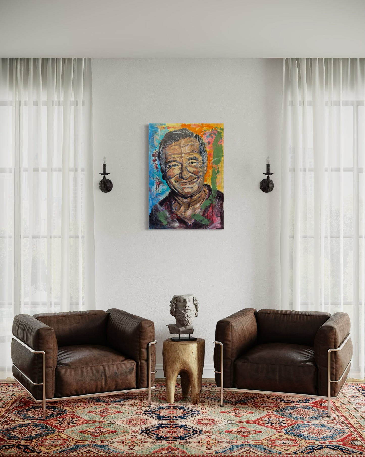 Robin Williams Portrait Original Painting over two leather sofas