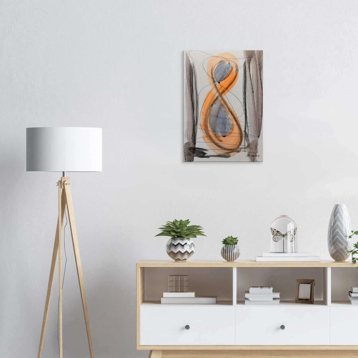 SHINY SUN Canvas print above white dresser with decor - bright minimalist sun design