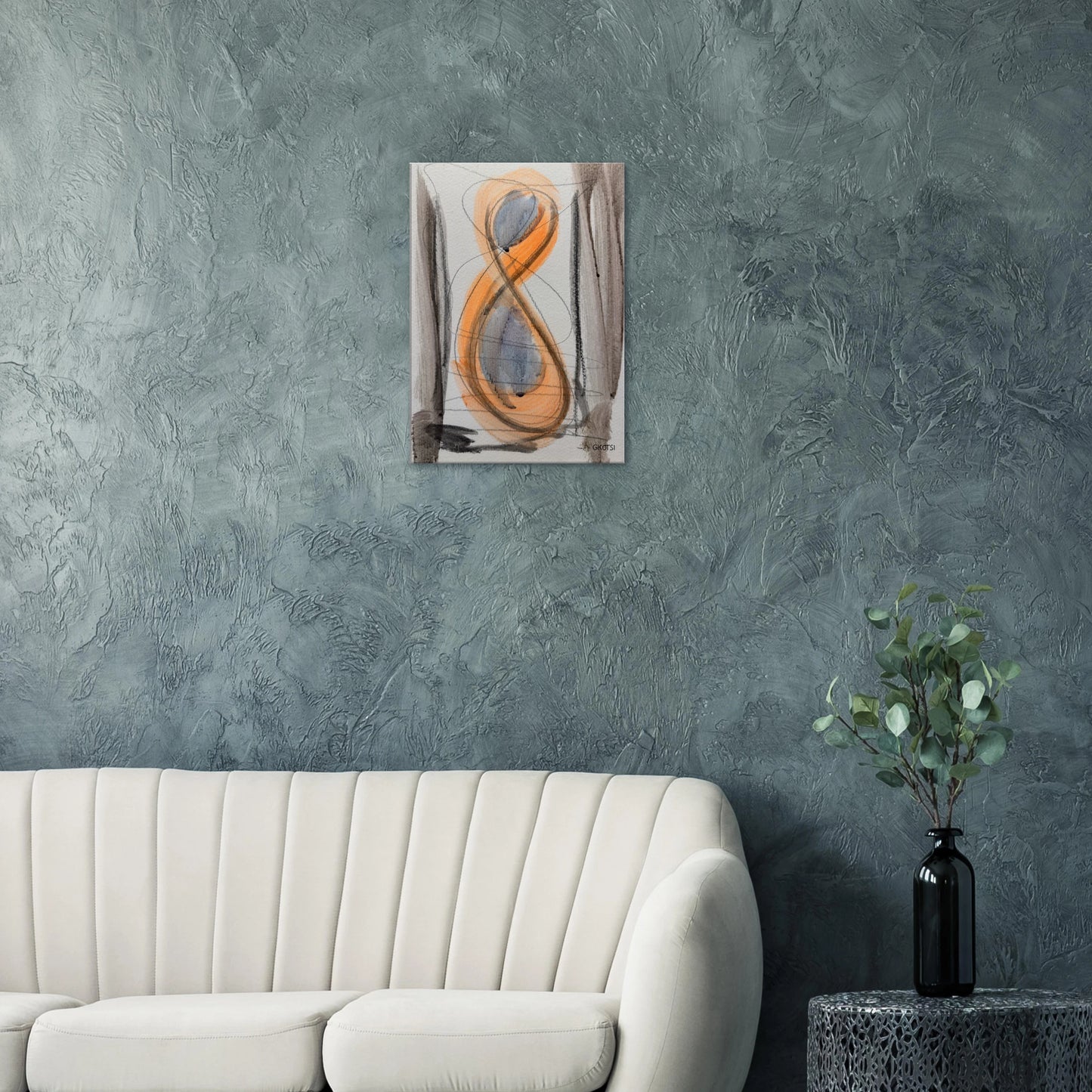 SHINY SUN Canvas print as vibrant focal point above gray sofa - radiant wall decoration