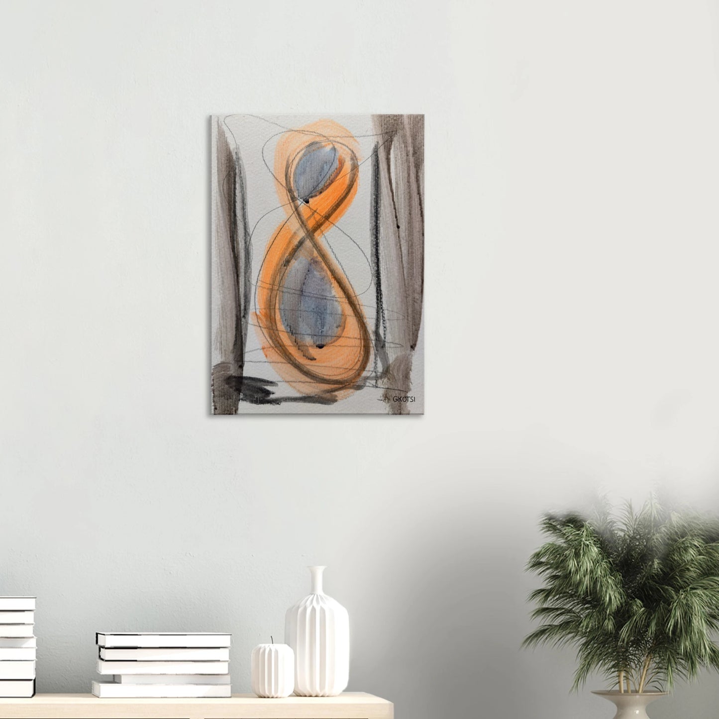 SHINY SUN Canvas print next to stylish table and plant - energetic solar interior design element
