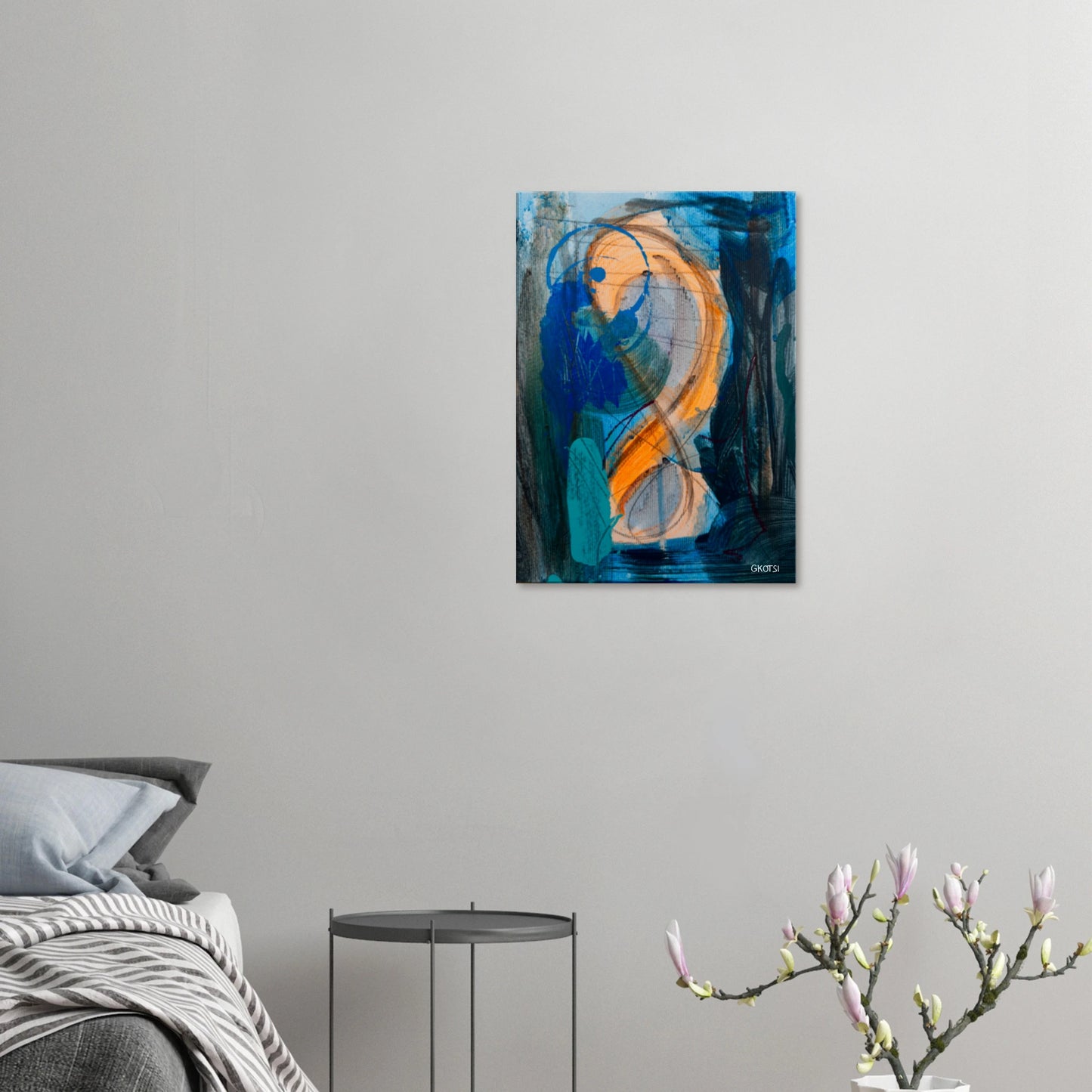 SHINY SUN canvas print above bed with flower vase in bedroom