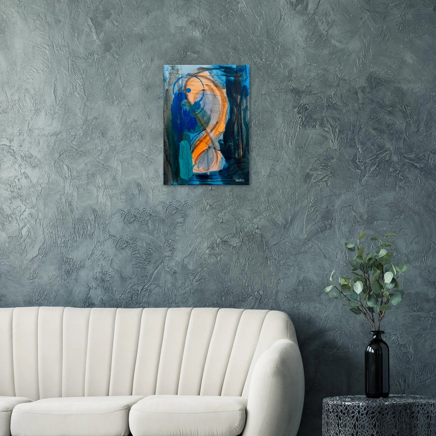 SHINY SUN canvas print above grey sofa in living room