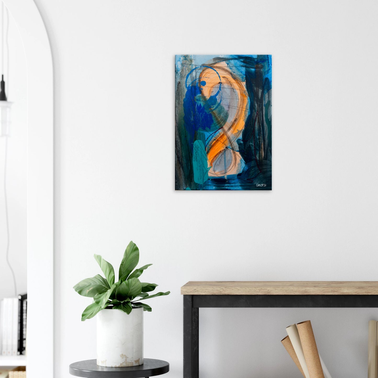 SHINY SUN canvas print in hallway above console table