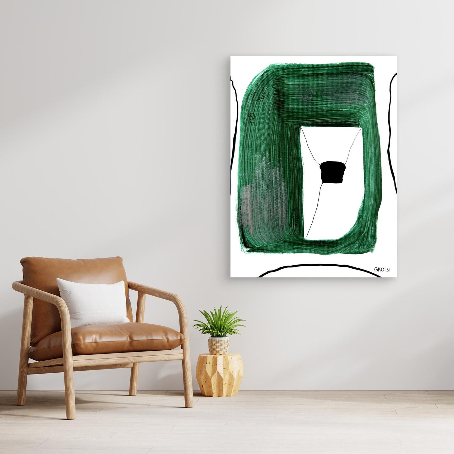 SICHTWEISE canvas above wooden chair with small plant