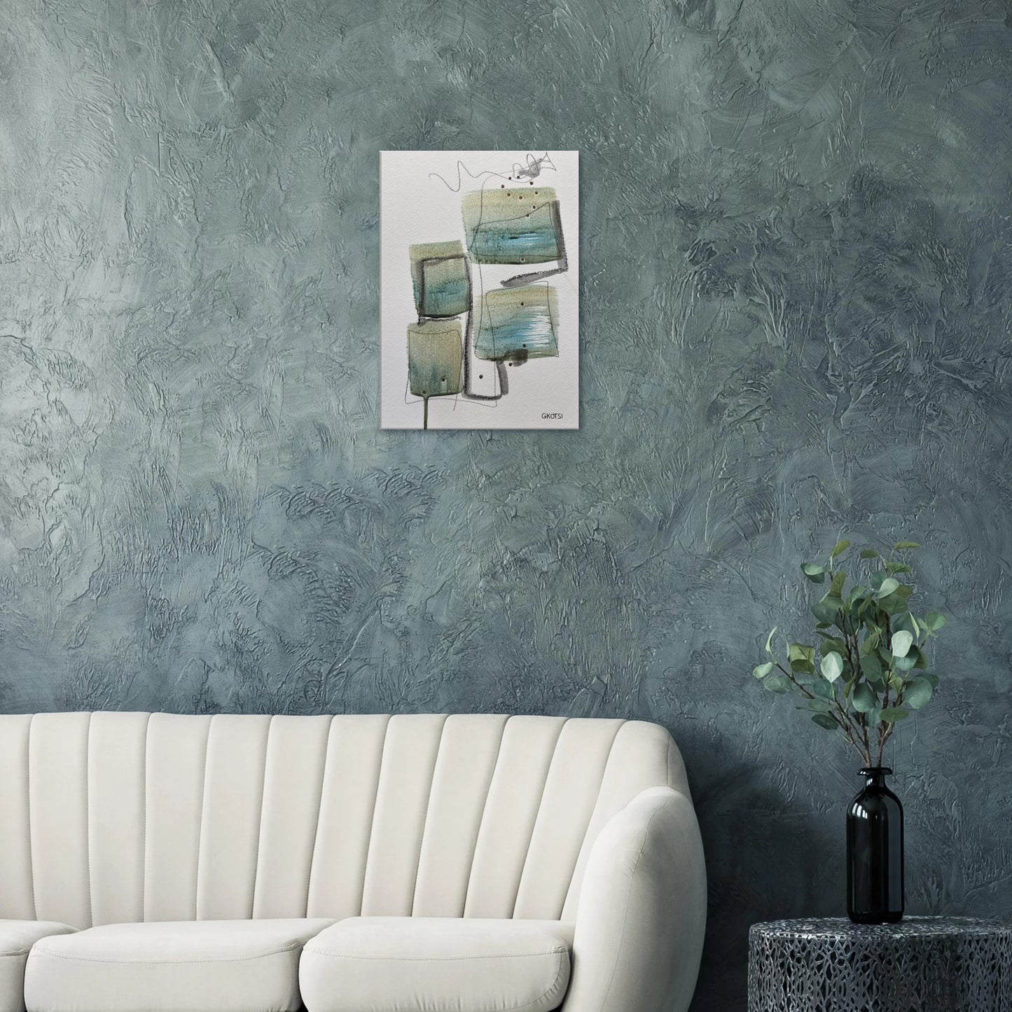 STRUCTURALLY Canvas print as architectural focal point above gray sofa - structural wall decoration