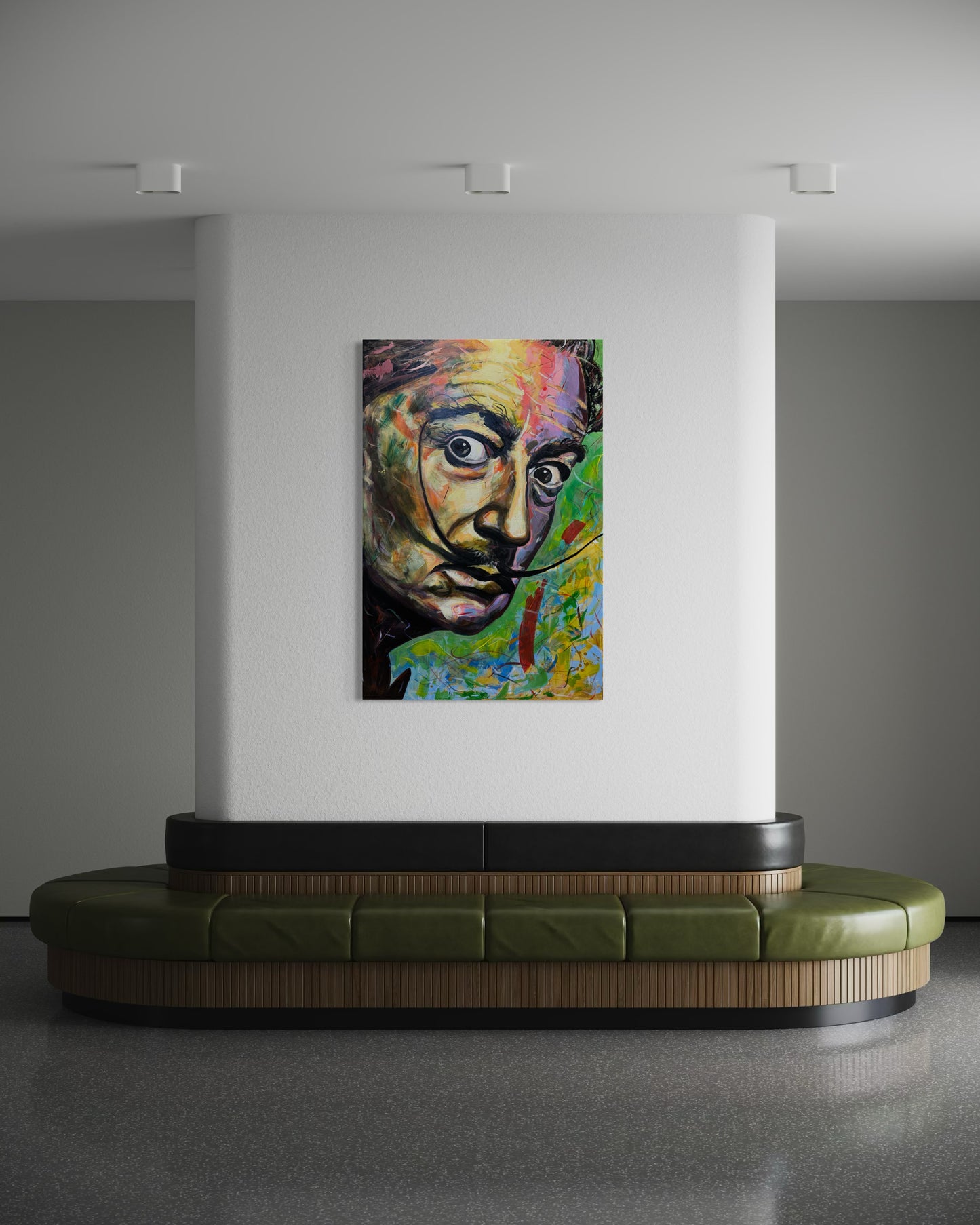 Salvador Dali Portrait Original Painting above round sofa in gallery style