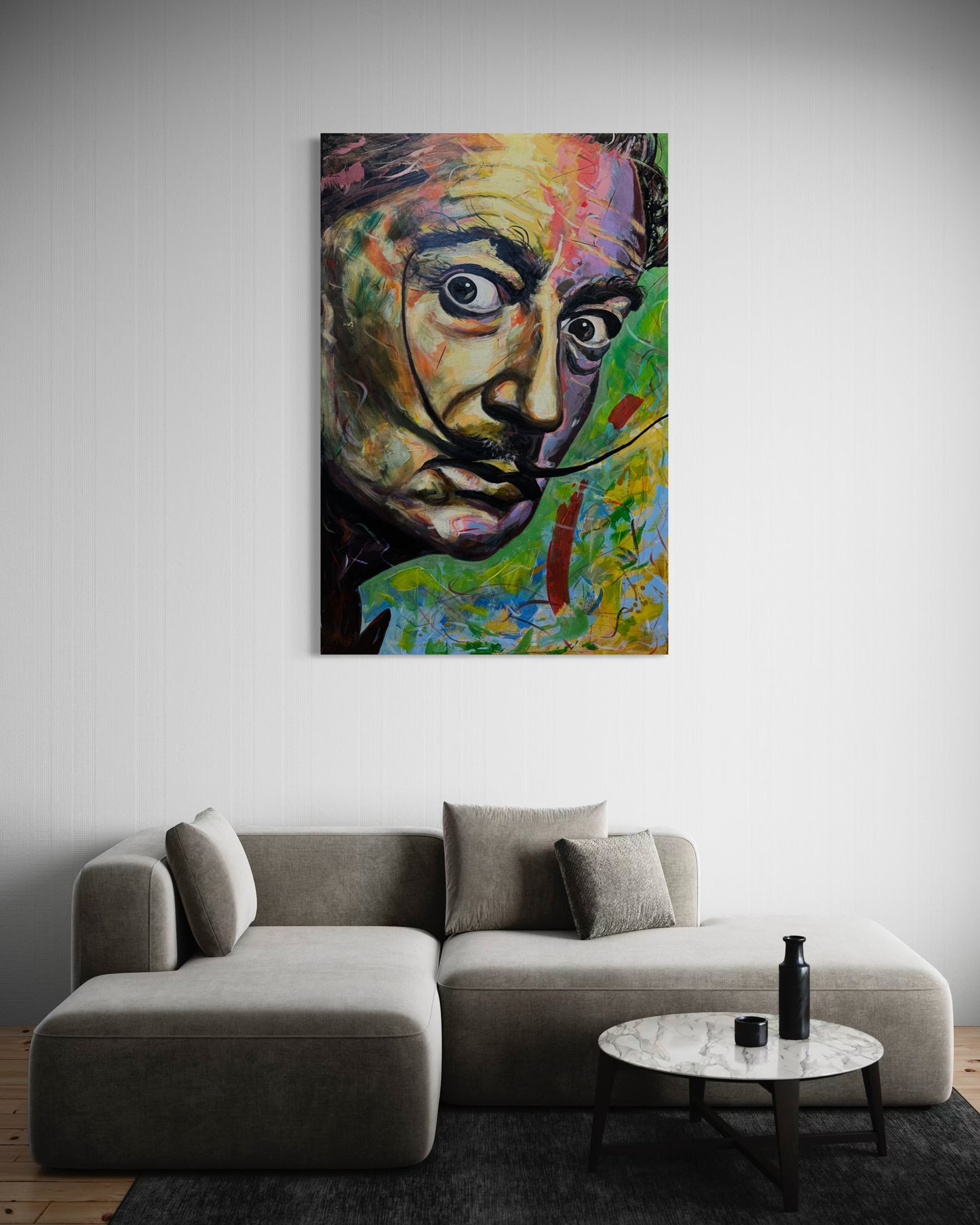 Salvador Dali Portrait Original Painting over cozy corner with couch