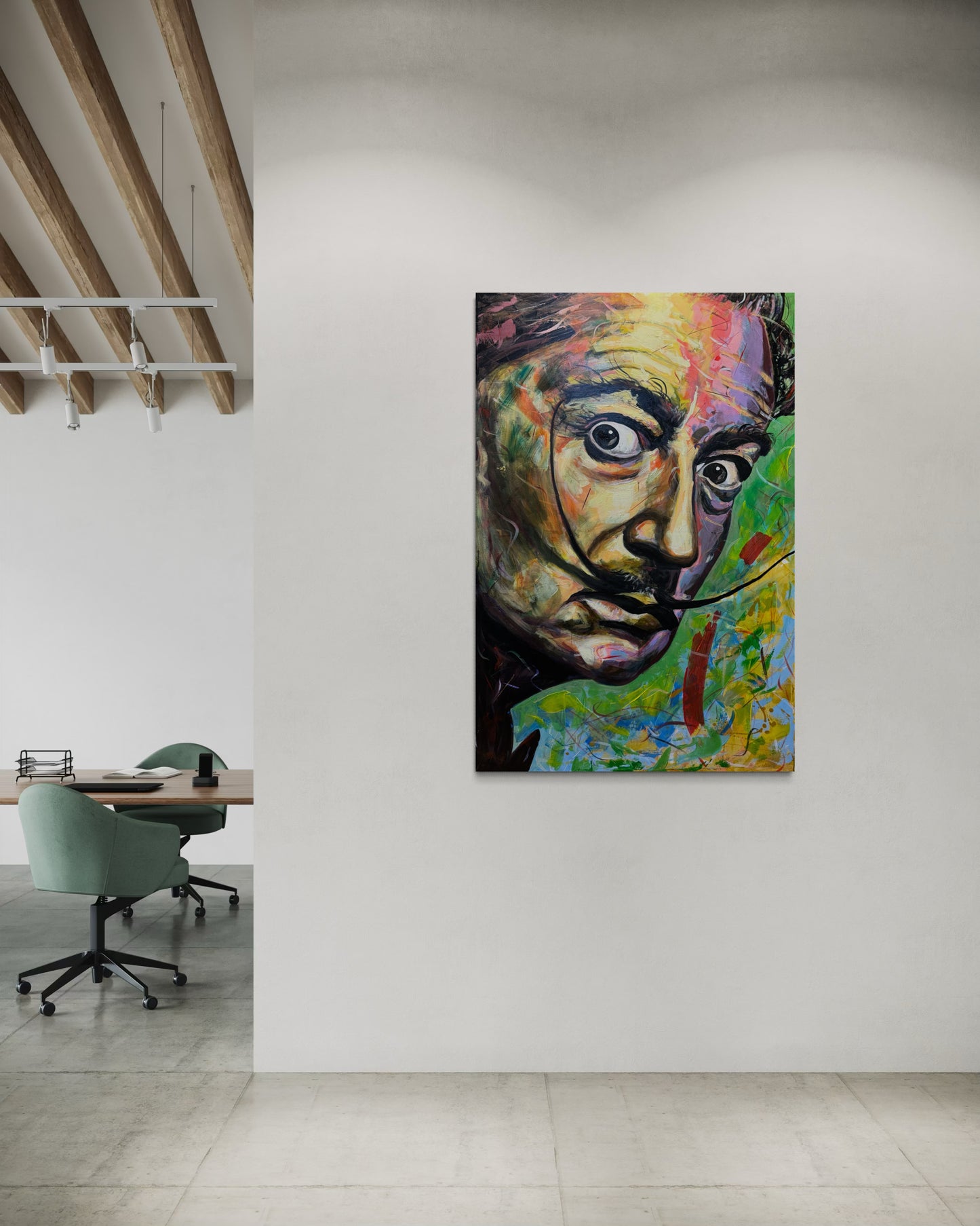 Salvador Dali Portrait Original Painting in loft office area