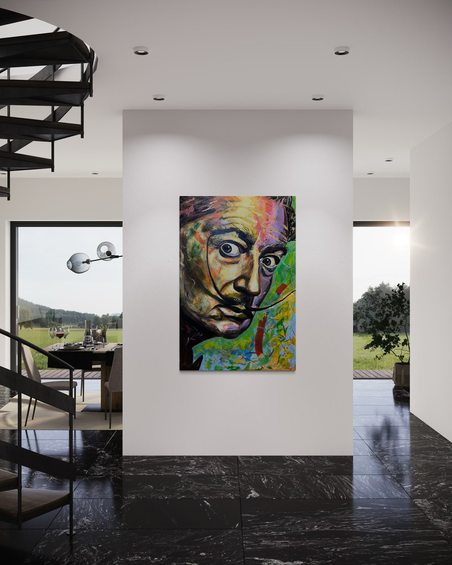 Salvador Dali Portrait Original Painting in luxury maisonette with black marble floor