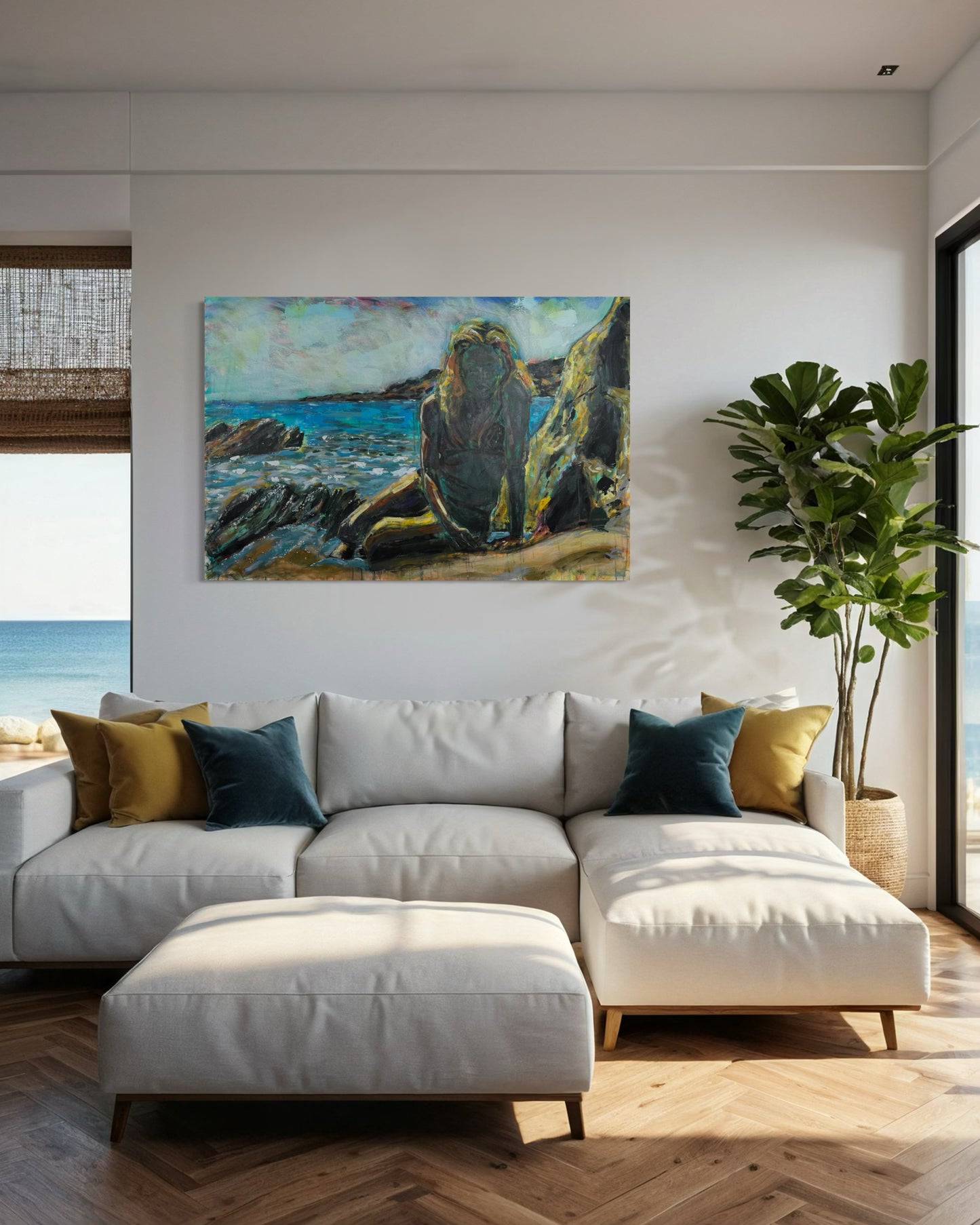 Tinos Greece Original Painting above beige couch with sea view