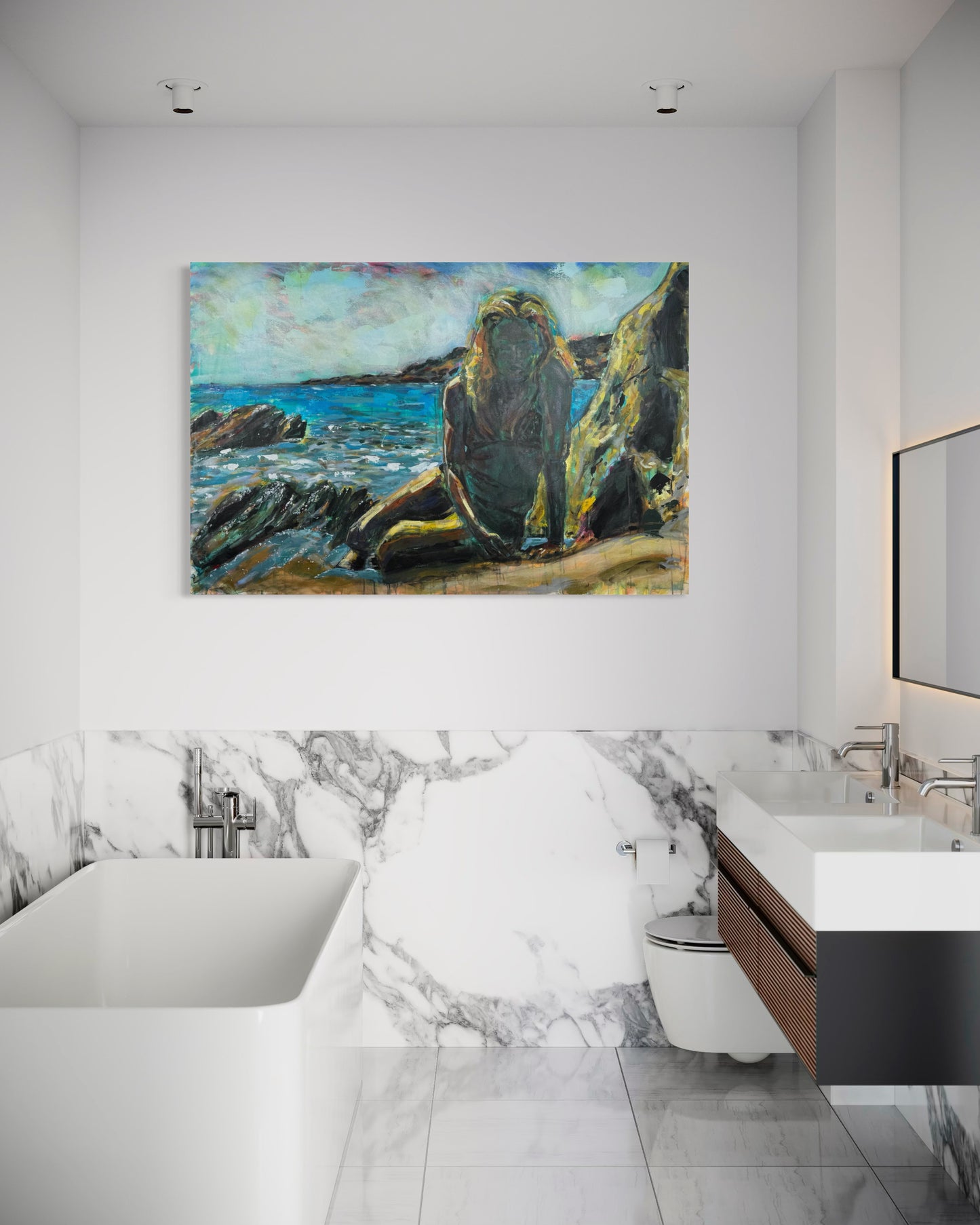 Tinos Greece Original Painting in a luxury marble bathroom