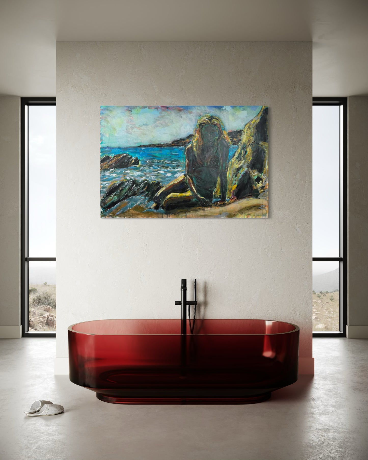 Tinos Greece Original Painting in luxurious bathroom with red glass bathtub