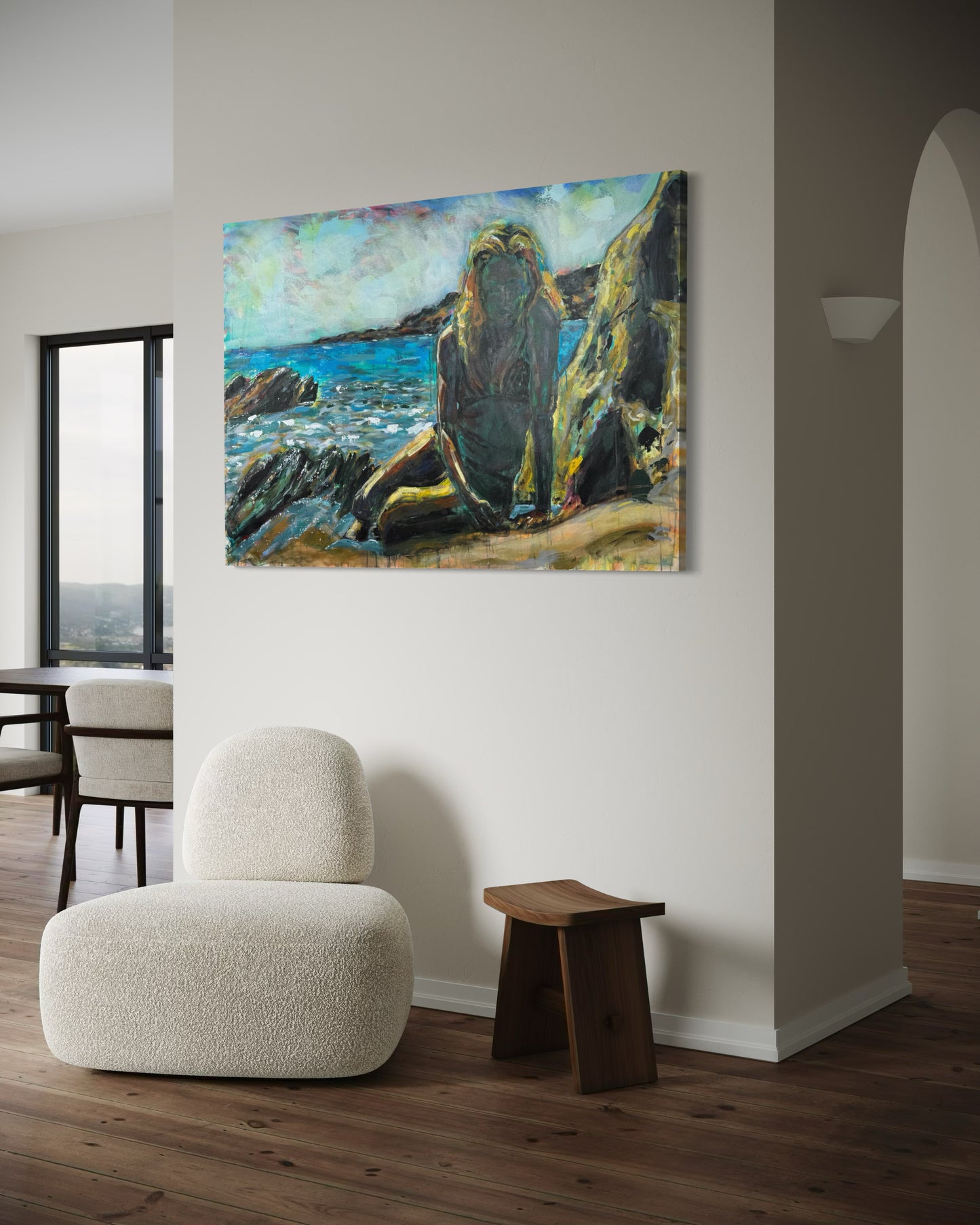 Tinos Greece Original Painting on column wall with wooden floor