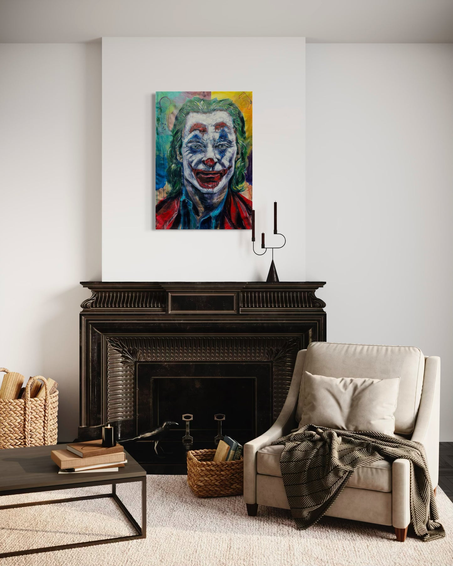 The Joker Portrait Original Painting above classicfireplace with sofa