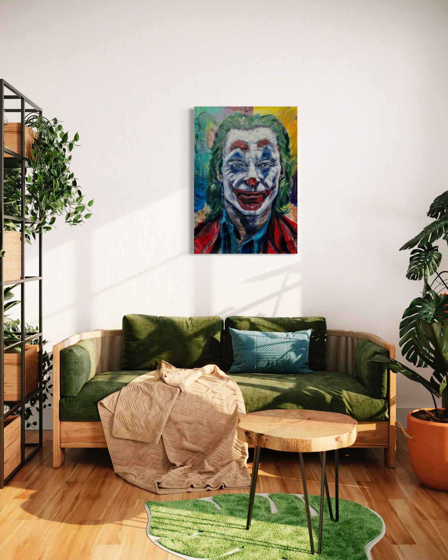 The Joker Portrait Original Painting above couch with green upholstery