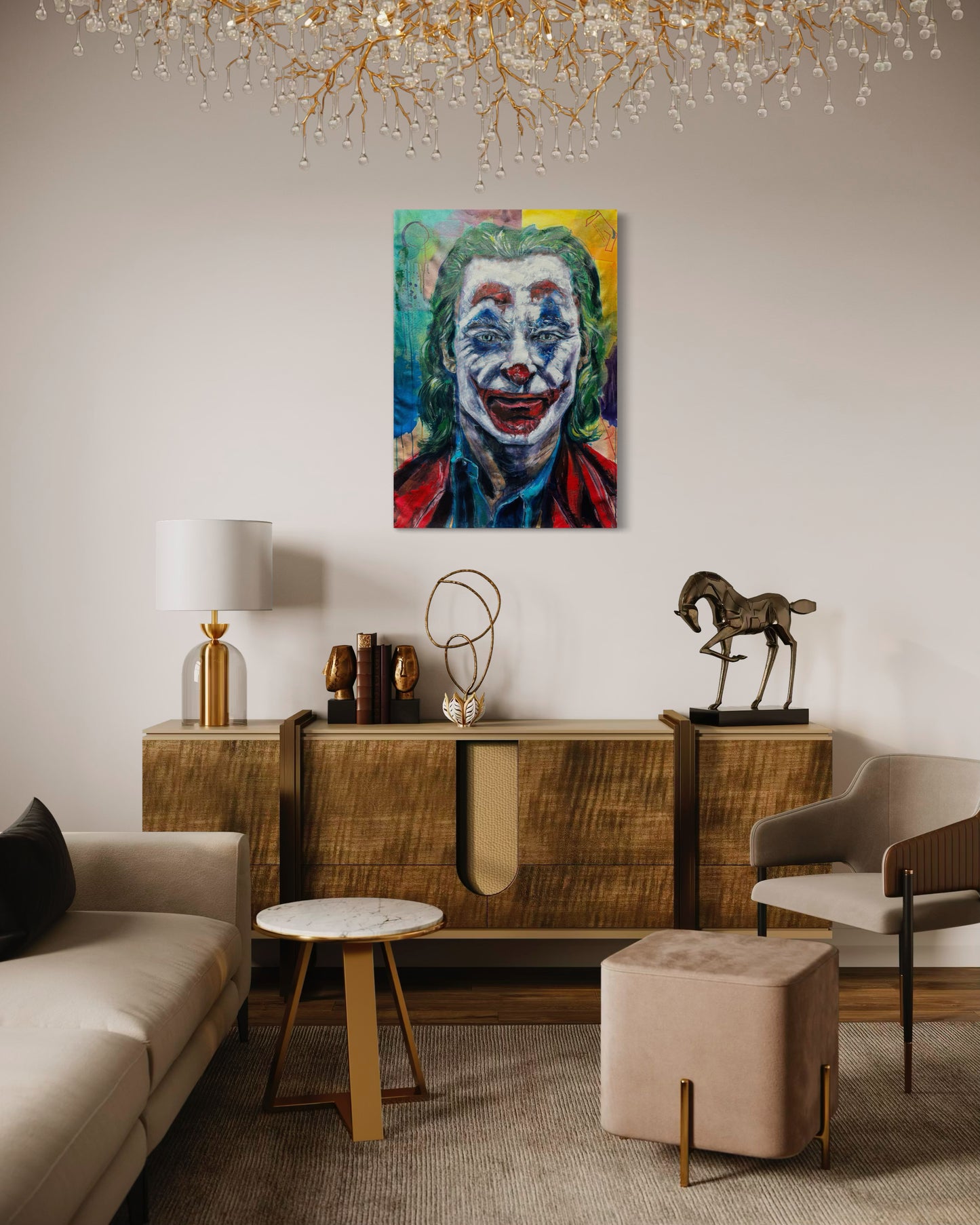 The Joker Portrait Original Painting above wooden dresser