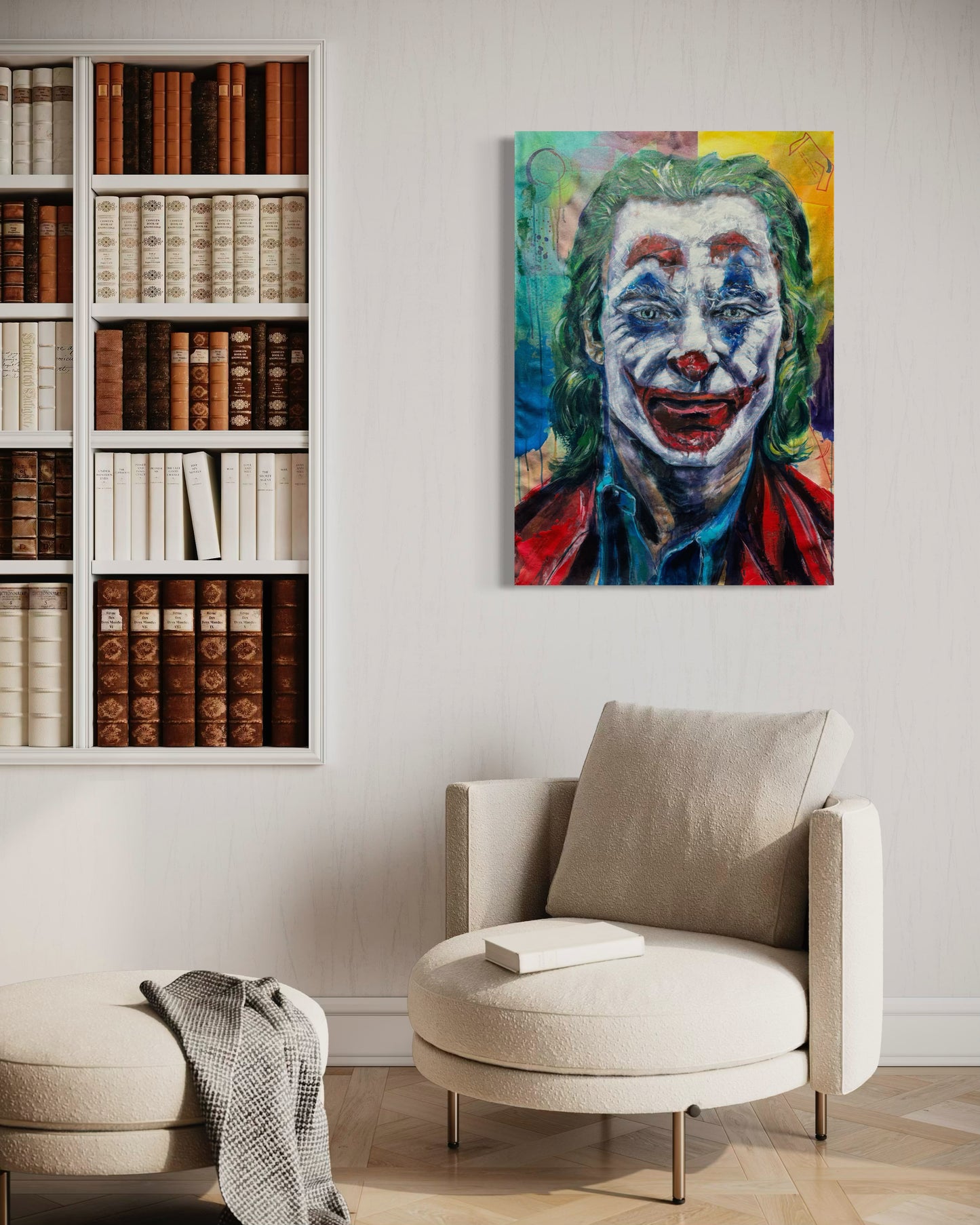 The Joker Portrait Original Painting above white armchair with book