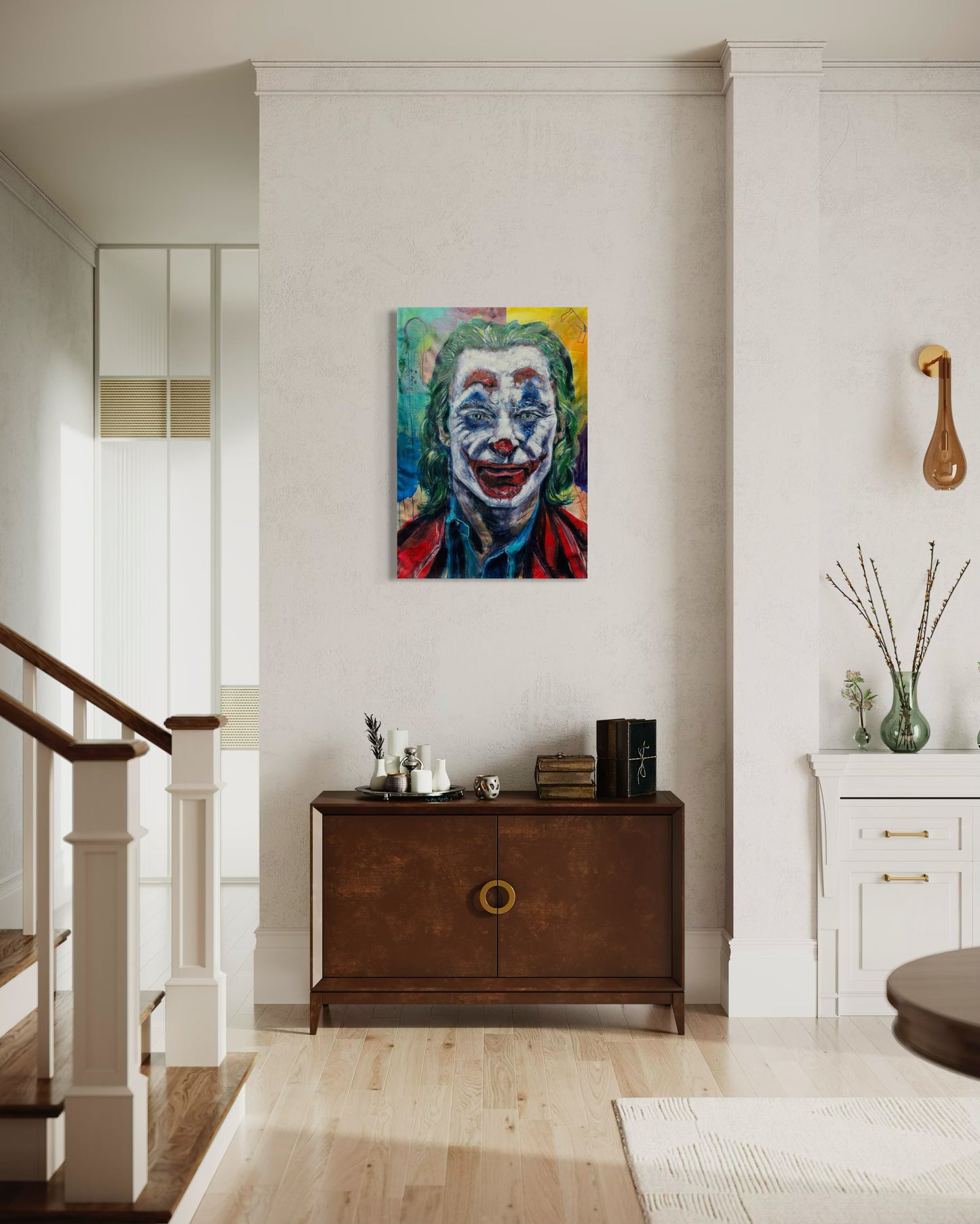 The Joker Portrait Original Painting above wooden classic dresser next to staircase