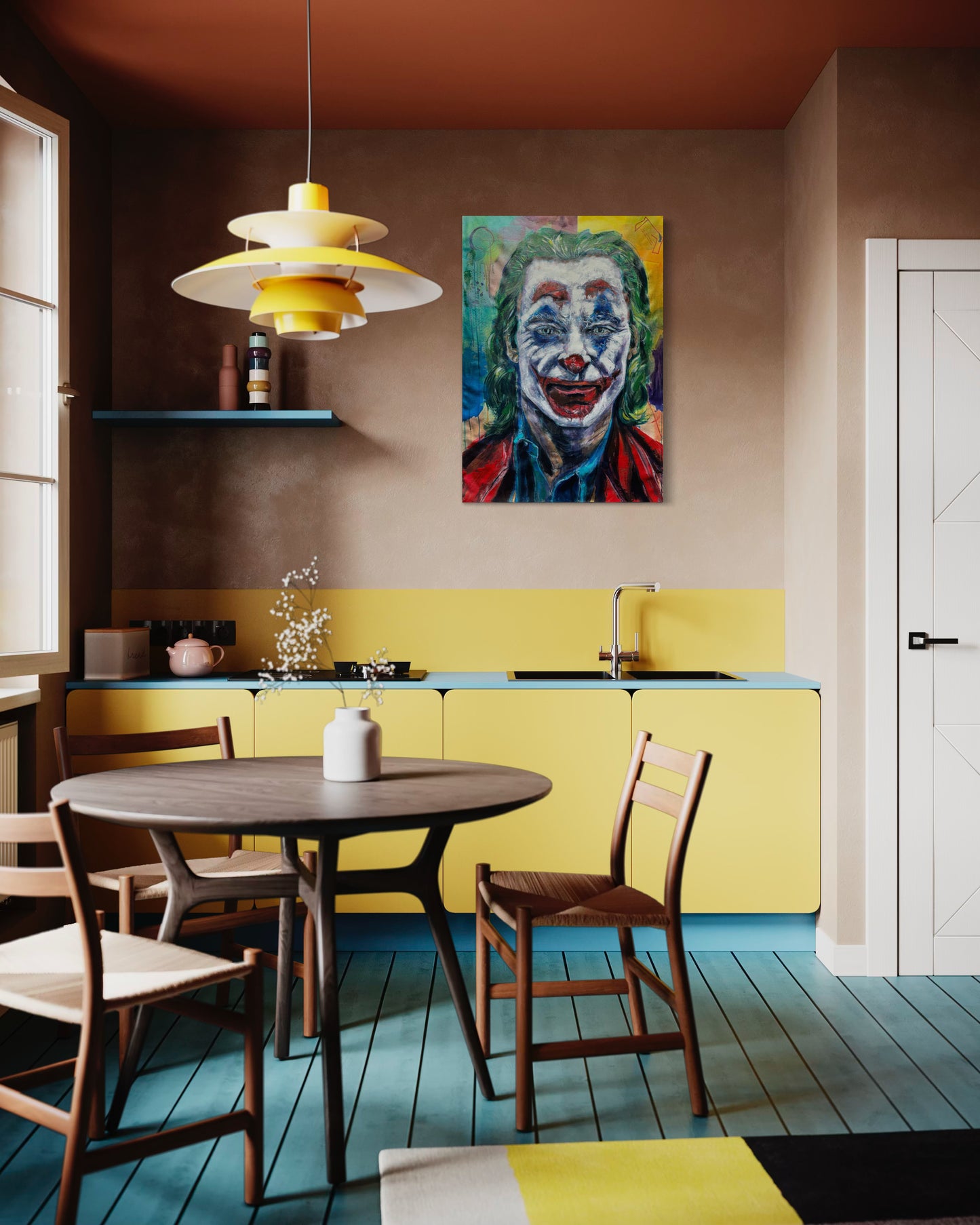 The Joker Portrait Original Painting in yellow kitchen area