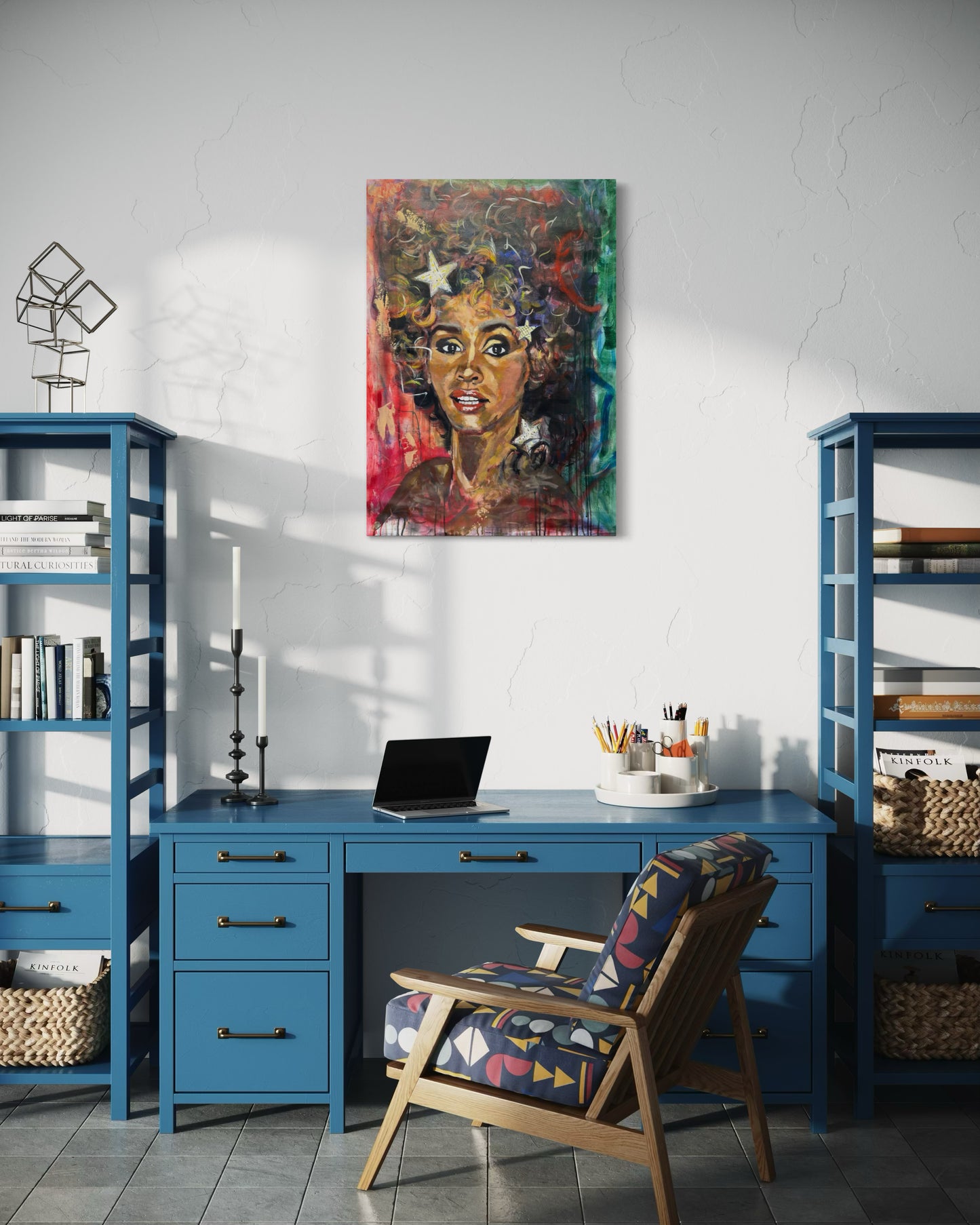 Whitney Houston Portrait Original Painting over blue desk in youth room office
