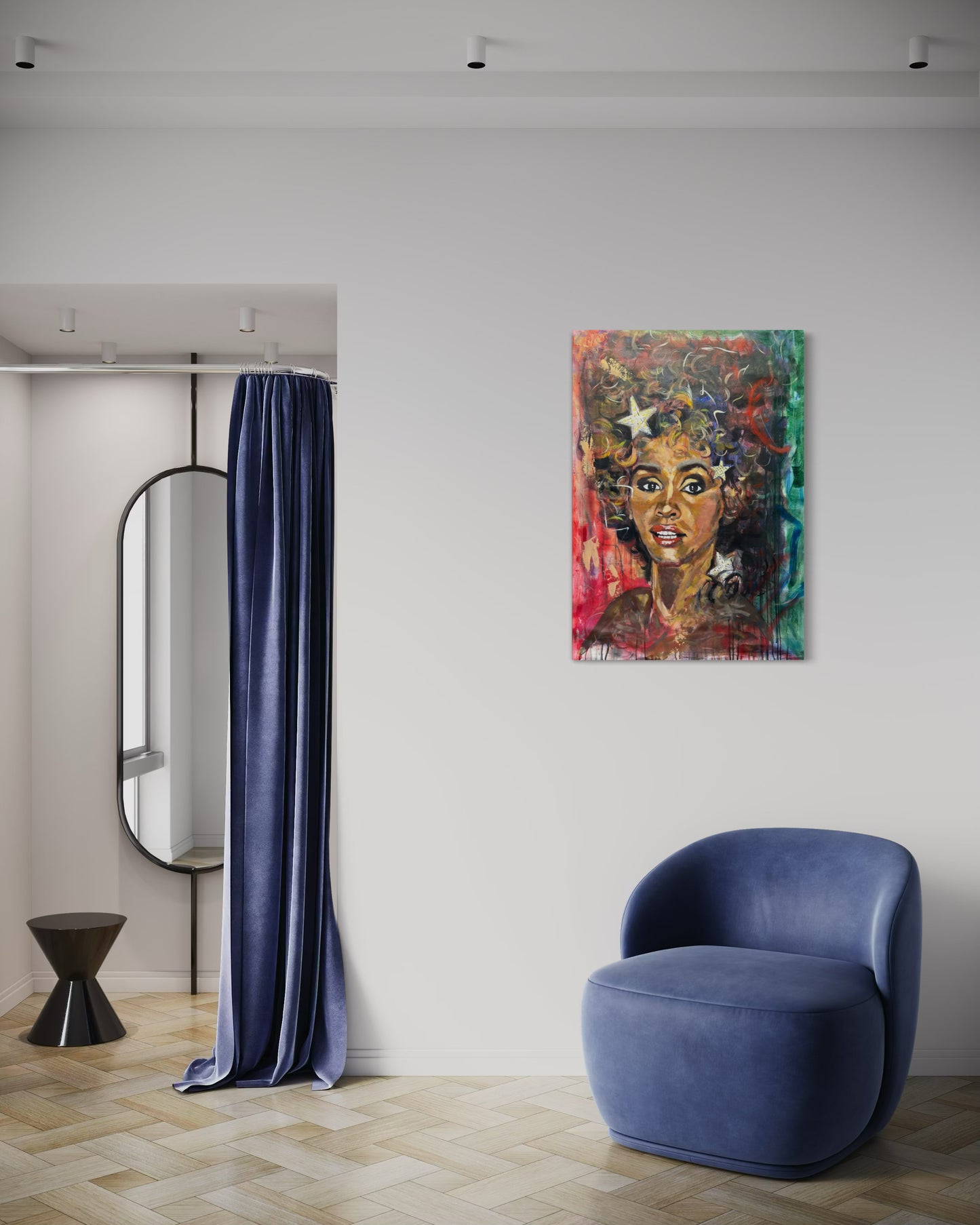 Whitney Houston Portrait Original Painting in changing room with curtain