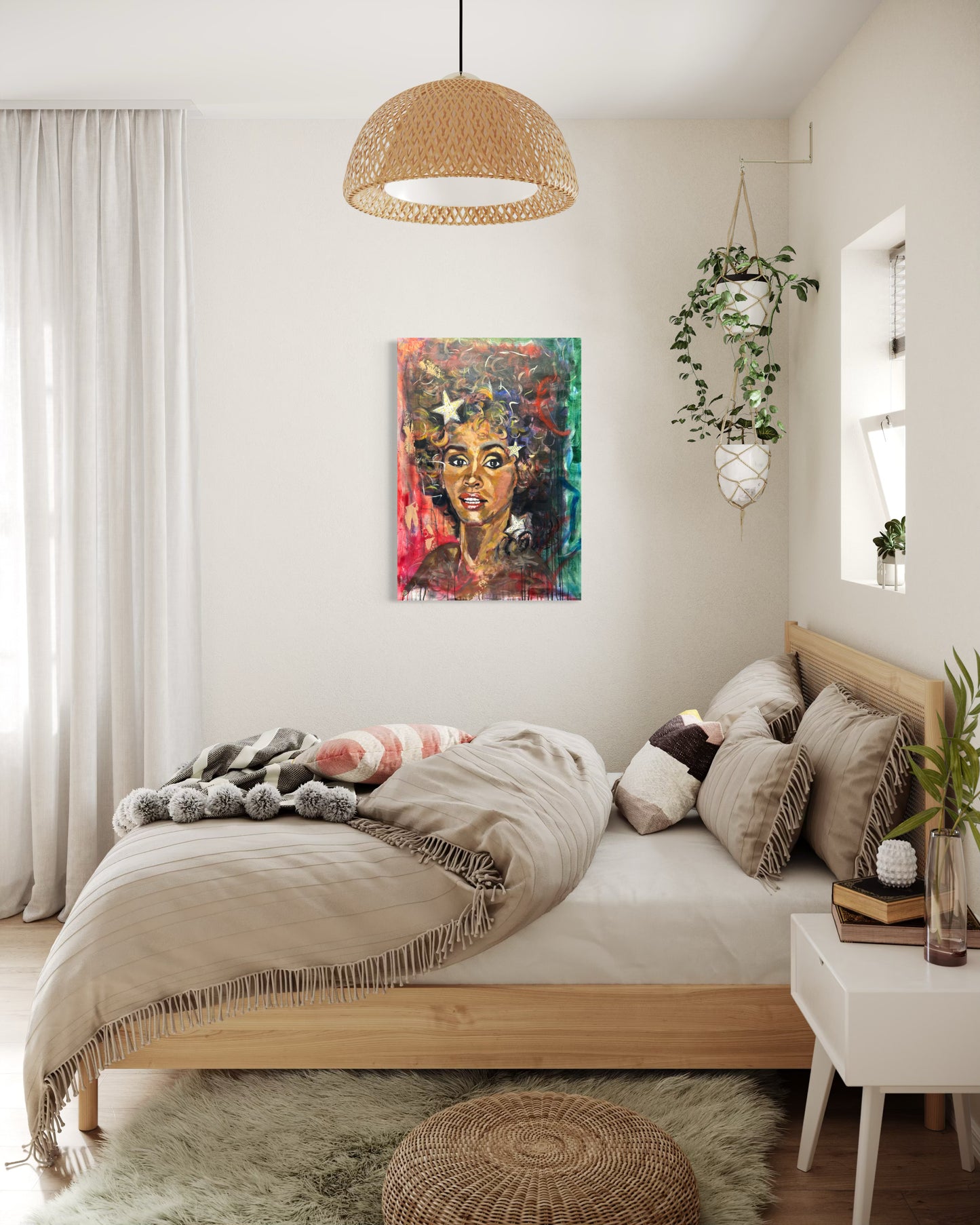 Whitney Houston Portrait Original Painting in cozy bedroom