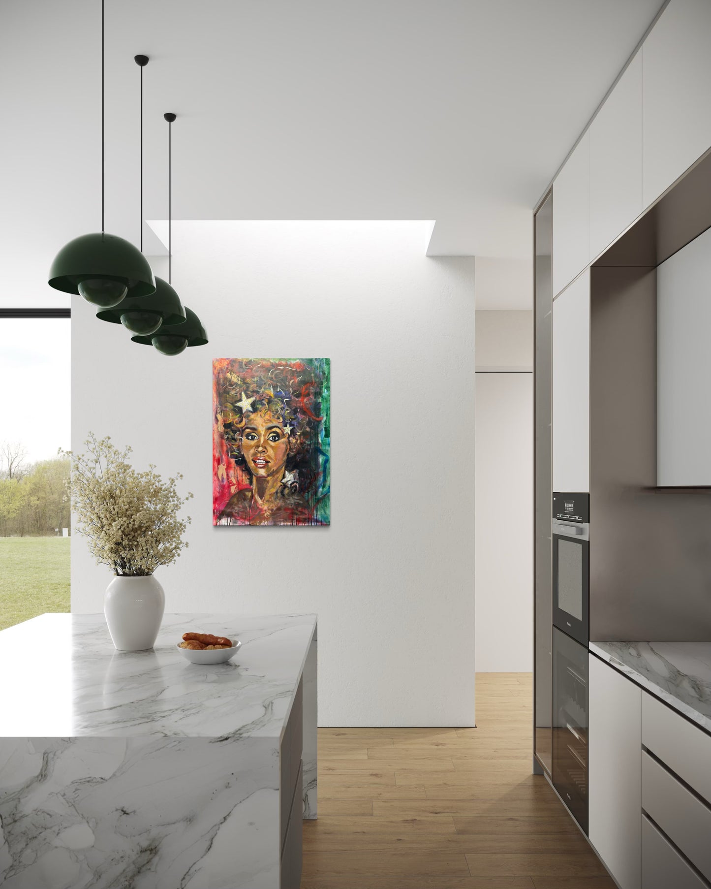 Whitney Houston Portrait Original Painting in modern kitchen area