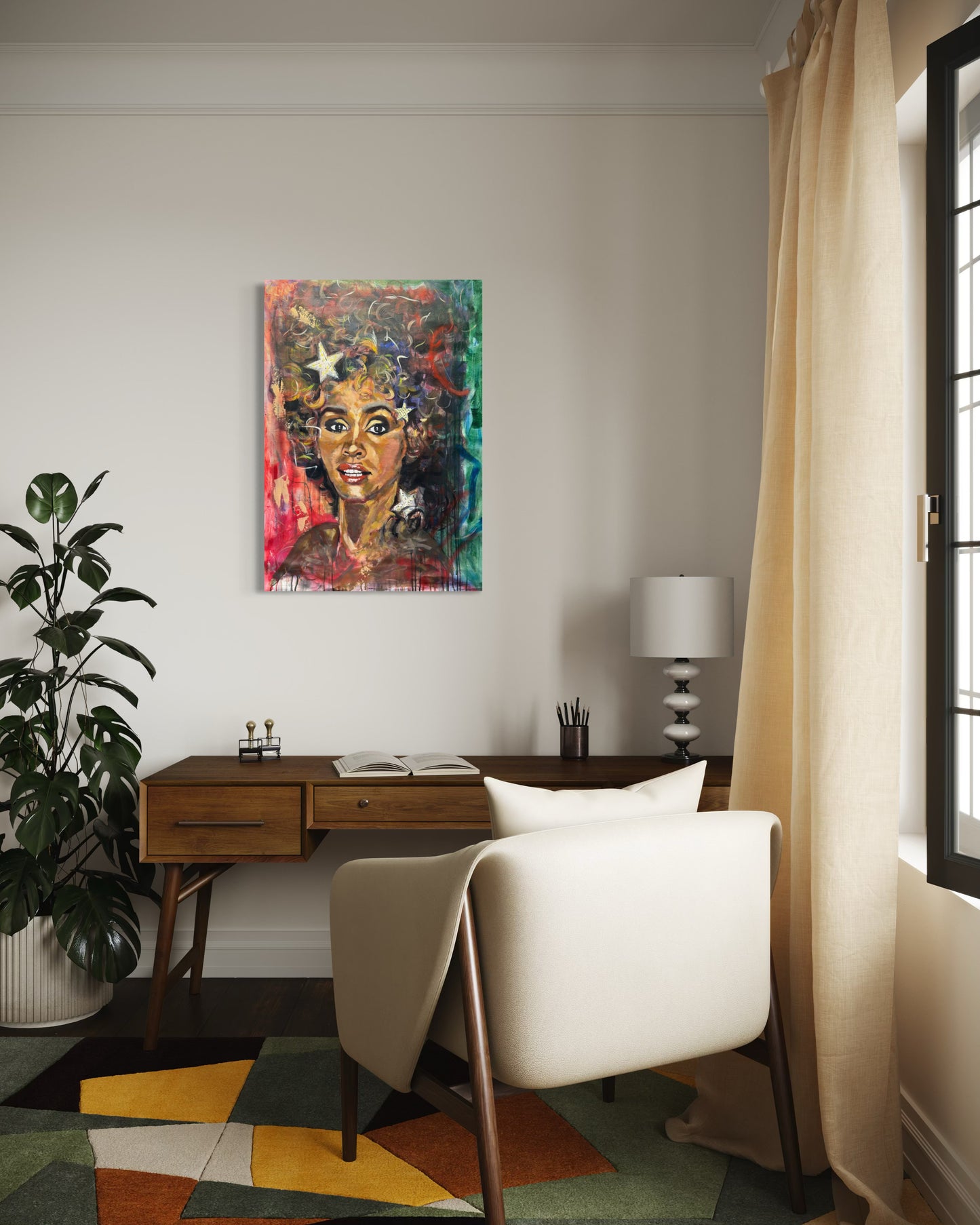 Whitney Houston Portrait Original Painting in home office with colorful carpet