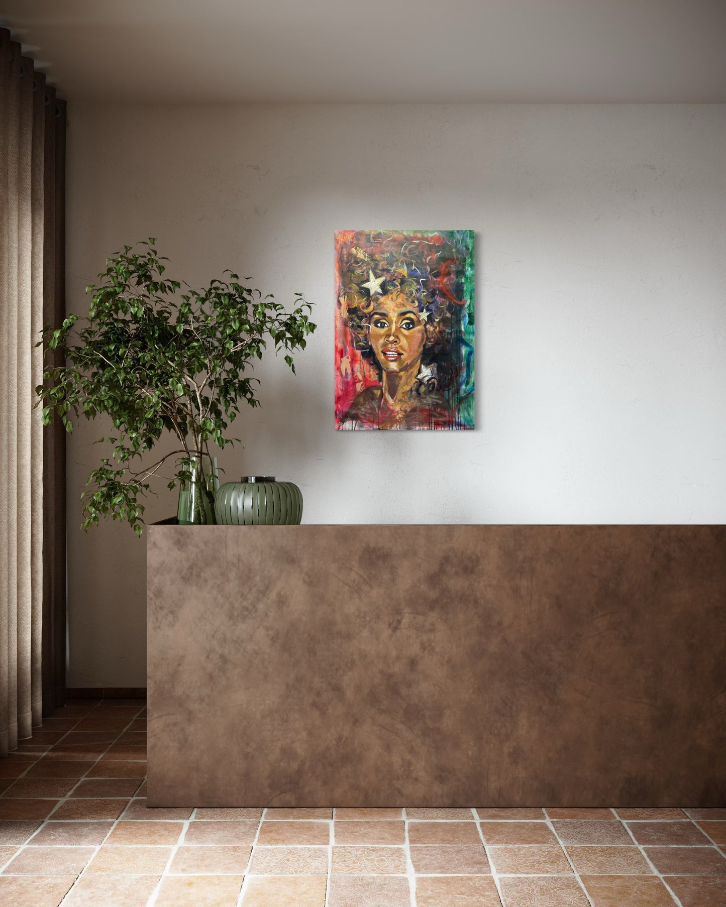 Whitney Houston Portrait Original Painting in reception area