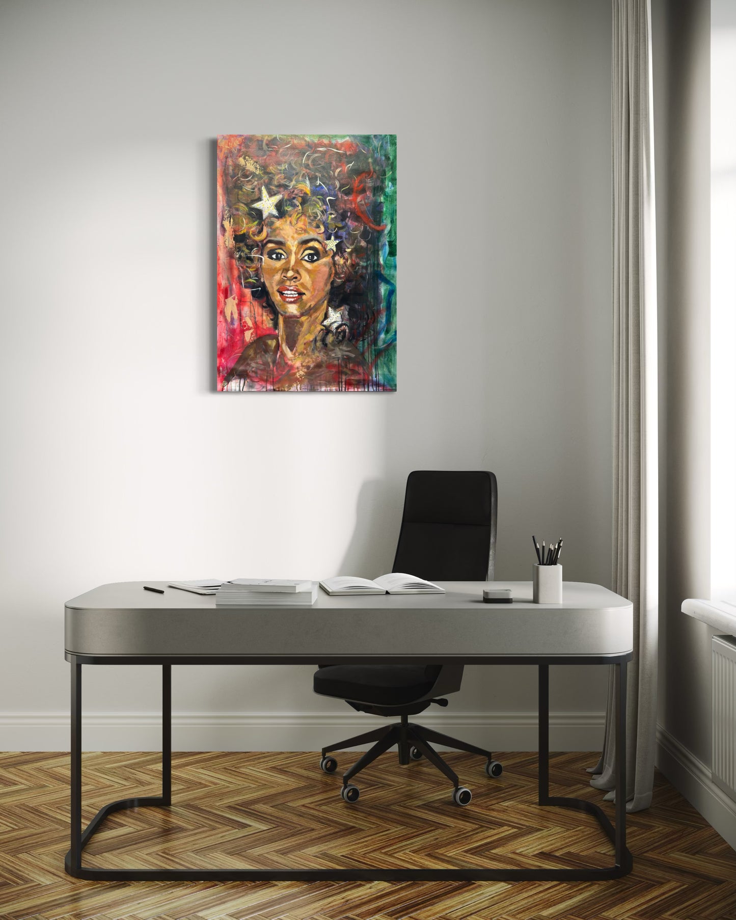 Whitney Houston Portrait Original Painting in stylish office room