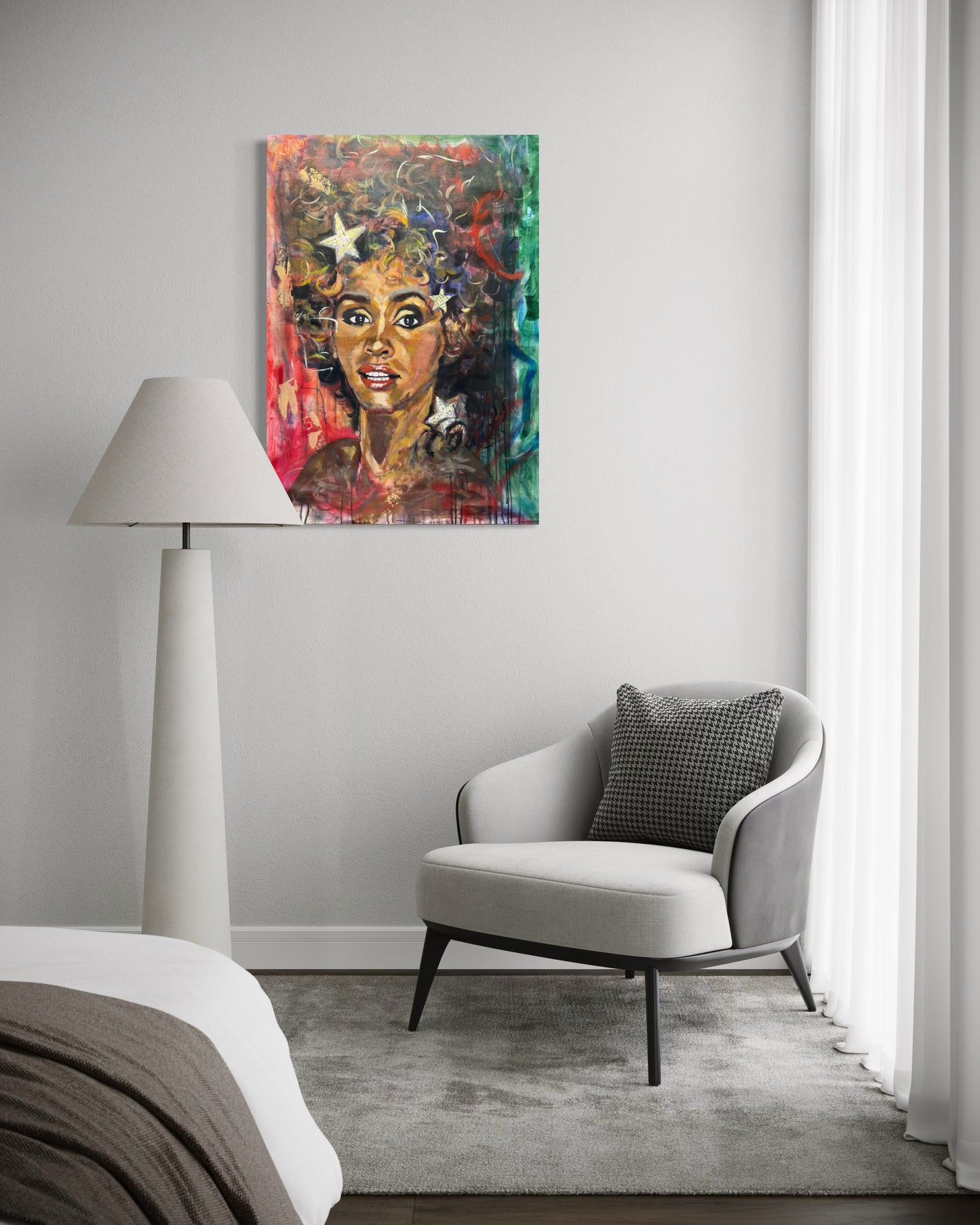 Whitney Houston Portrait Original Painting in bedroom area