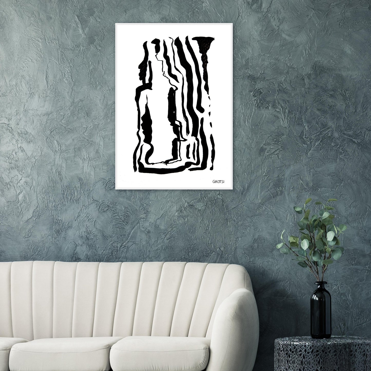 YOUR WAY poster print above grey sofa in living room