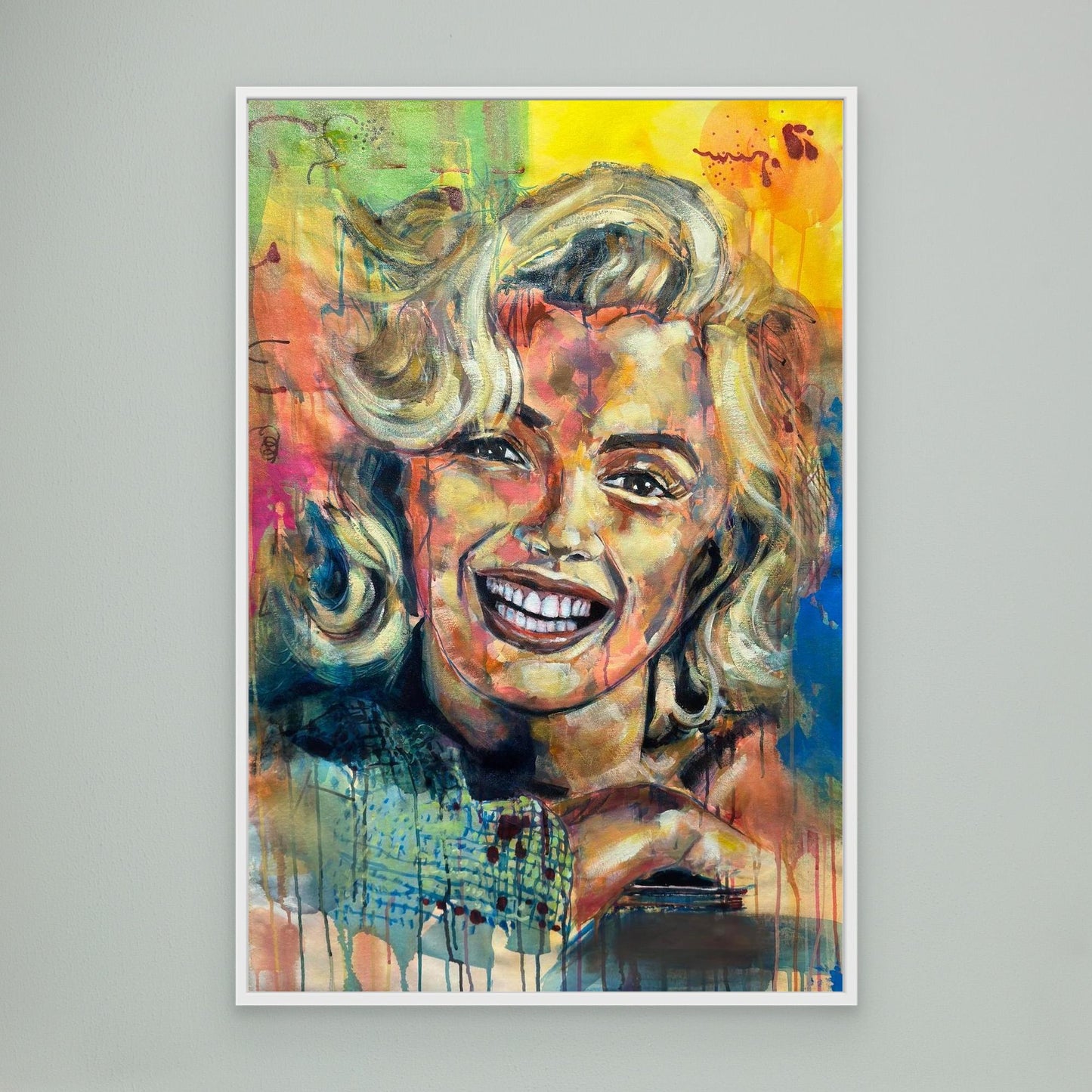 MARILYN MONROE 2 canvas print with white frame displayed on gray wall