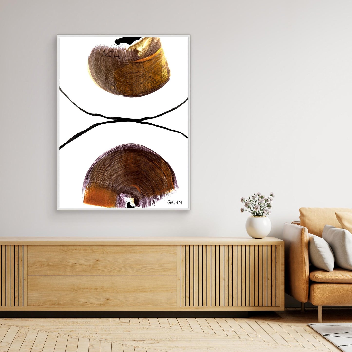 DIE HÄLFTE abstract canvas print above white dresser with decor