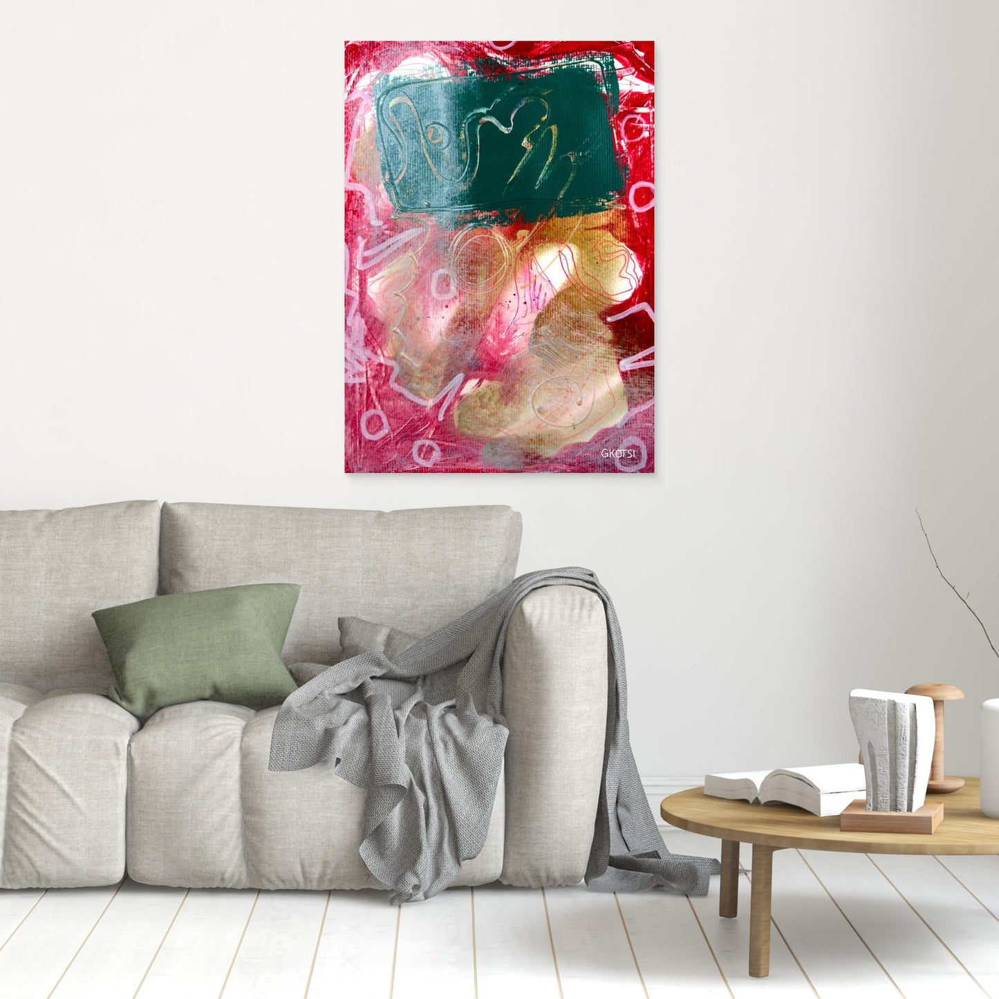 KECKSE Abstract Canvas Print artwork positioned above sofa creating playful focal point in modern living space