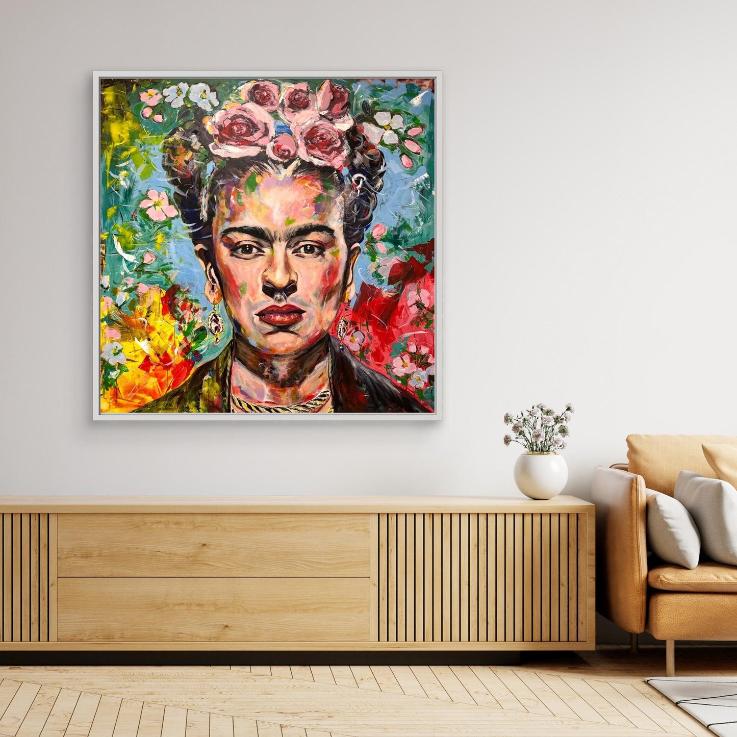 FRIDA KAHLO 1 Canvas Print displayed above wooden sideboard