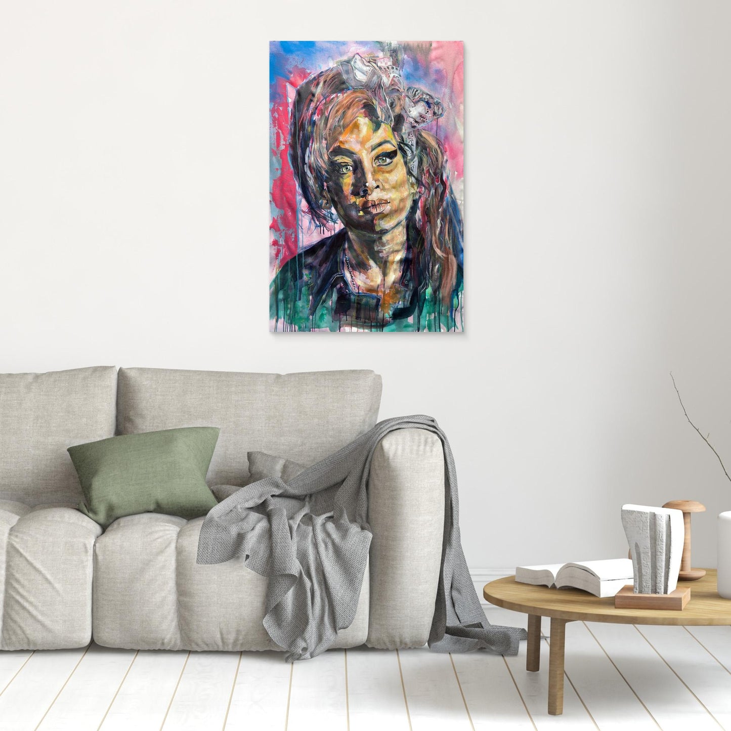 AMY WINEHOUSE 2 canvas print hanging above gray sofa
