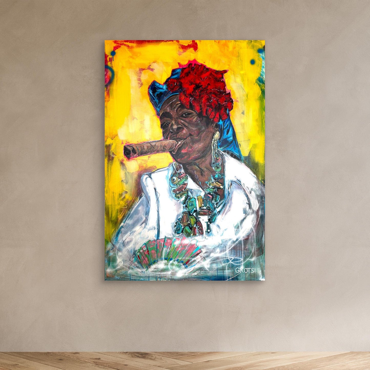 CUBAN WOMAN WITH CIGAR Canvas Print by Elena Gkotsi displayed on modern wall in contemporary room